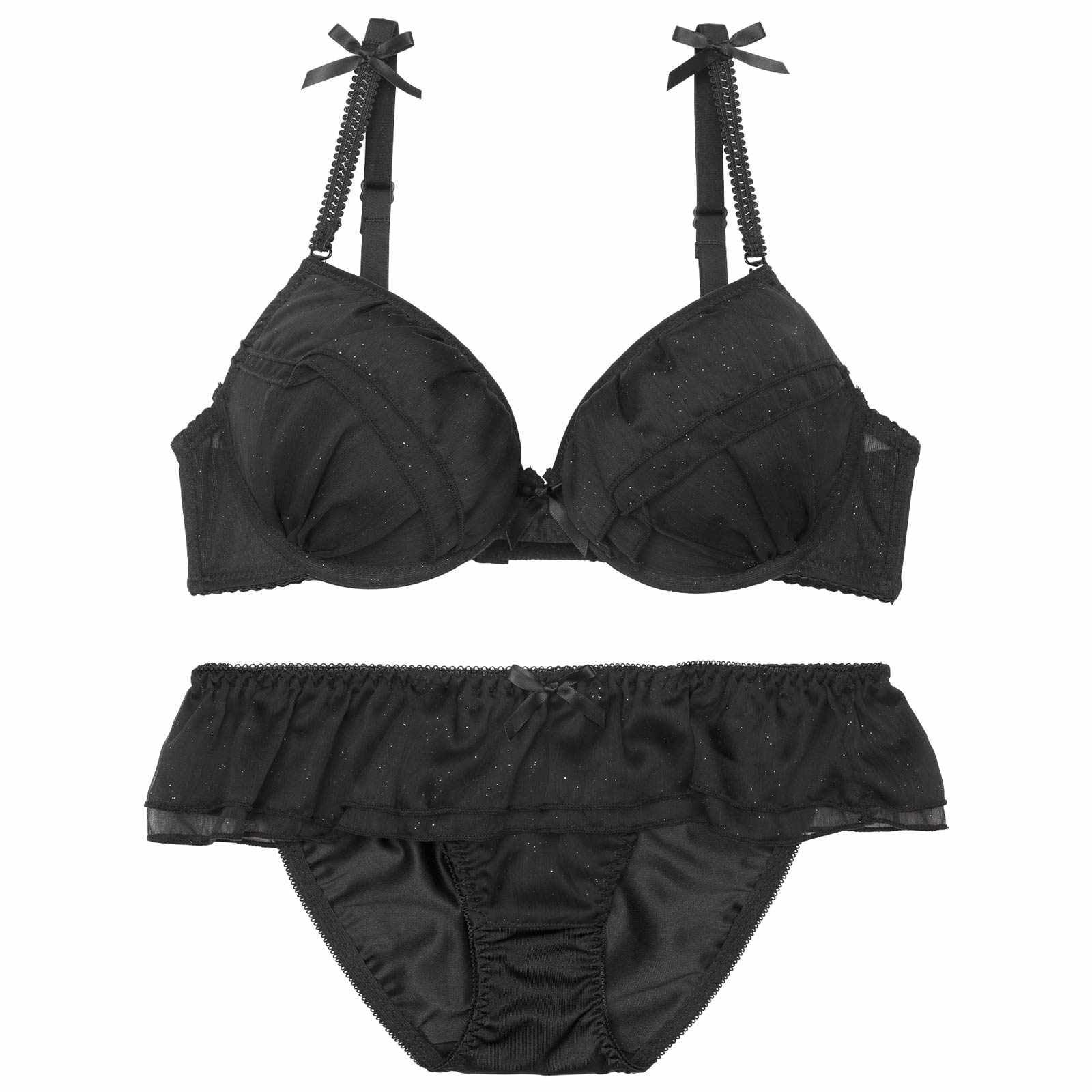 シャイニーシフォンフリルブラジャー&フルバックショーツ - 【公式】247Lingerie