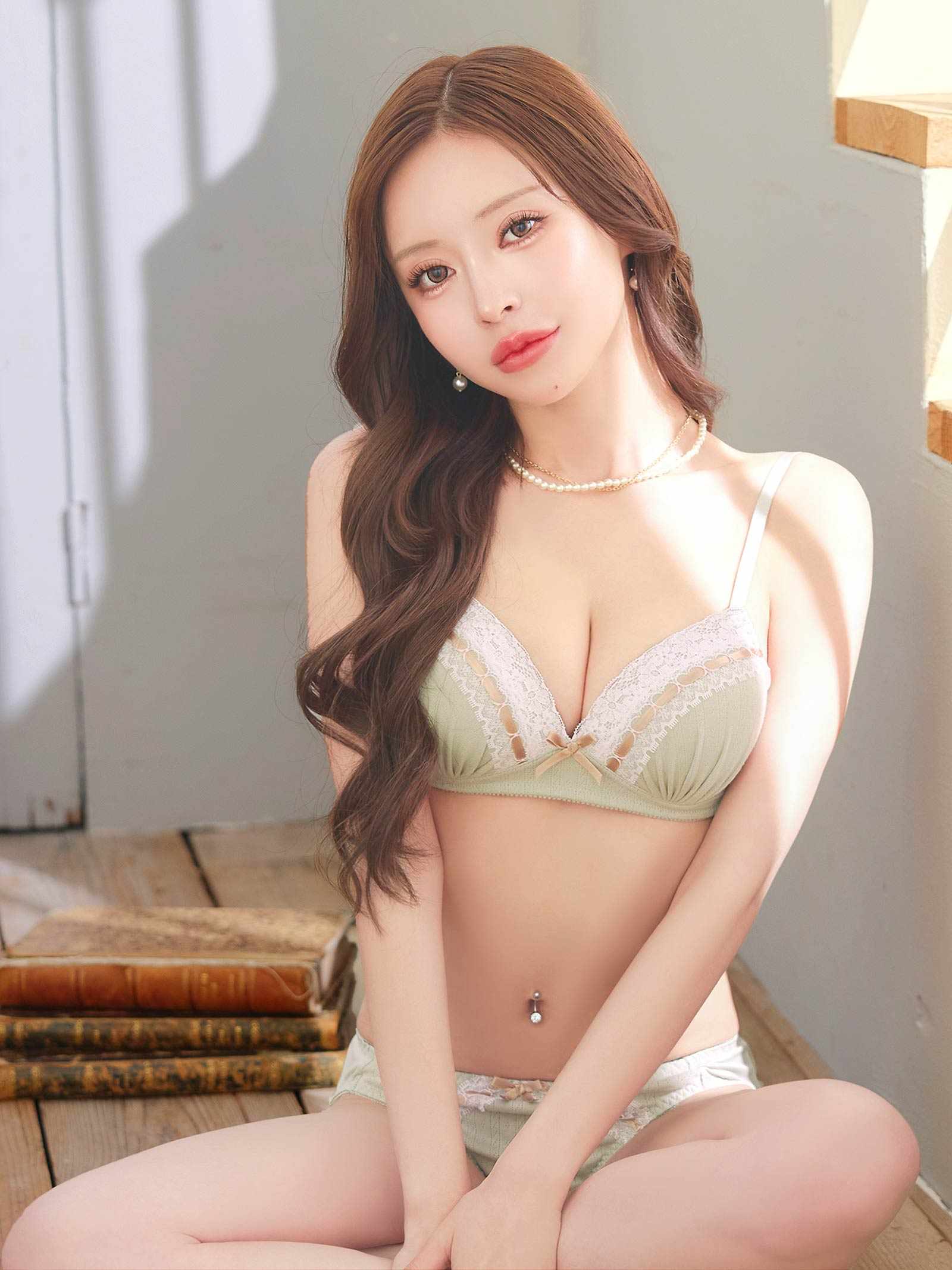 6/25新作!【ノンワイヤー】ニュアンスリボンレースブラジャー&フルバックショーツ