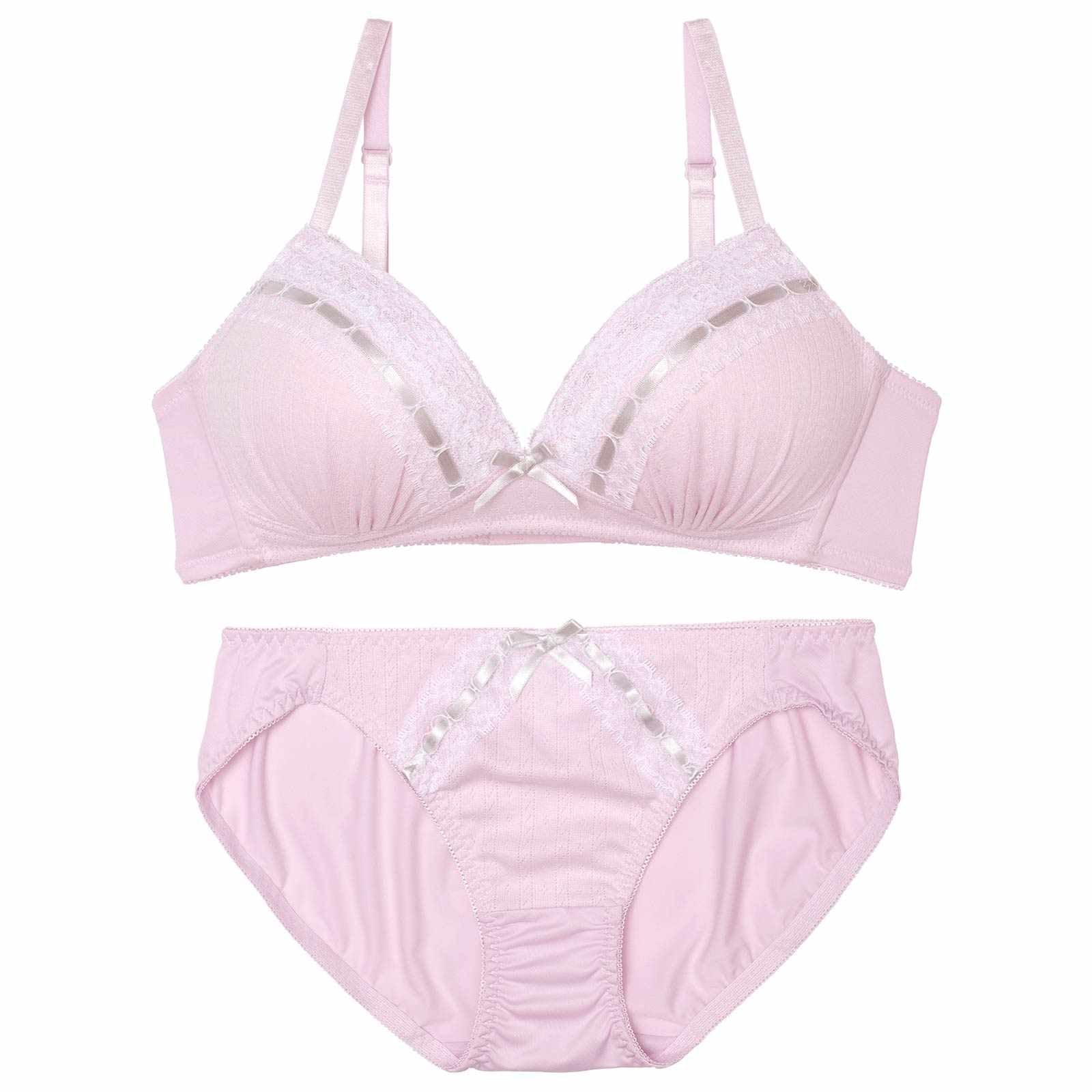 【ノンワイヤー】ニュアンスリボンレースブラジャー&フルバックショーツ