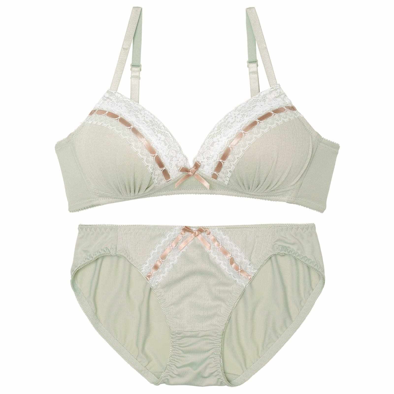 【ノンワイヤー】ニュアンスリボンレースブラジャー&フルバックショーツ