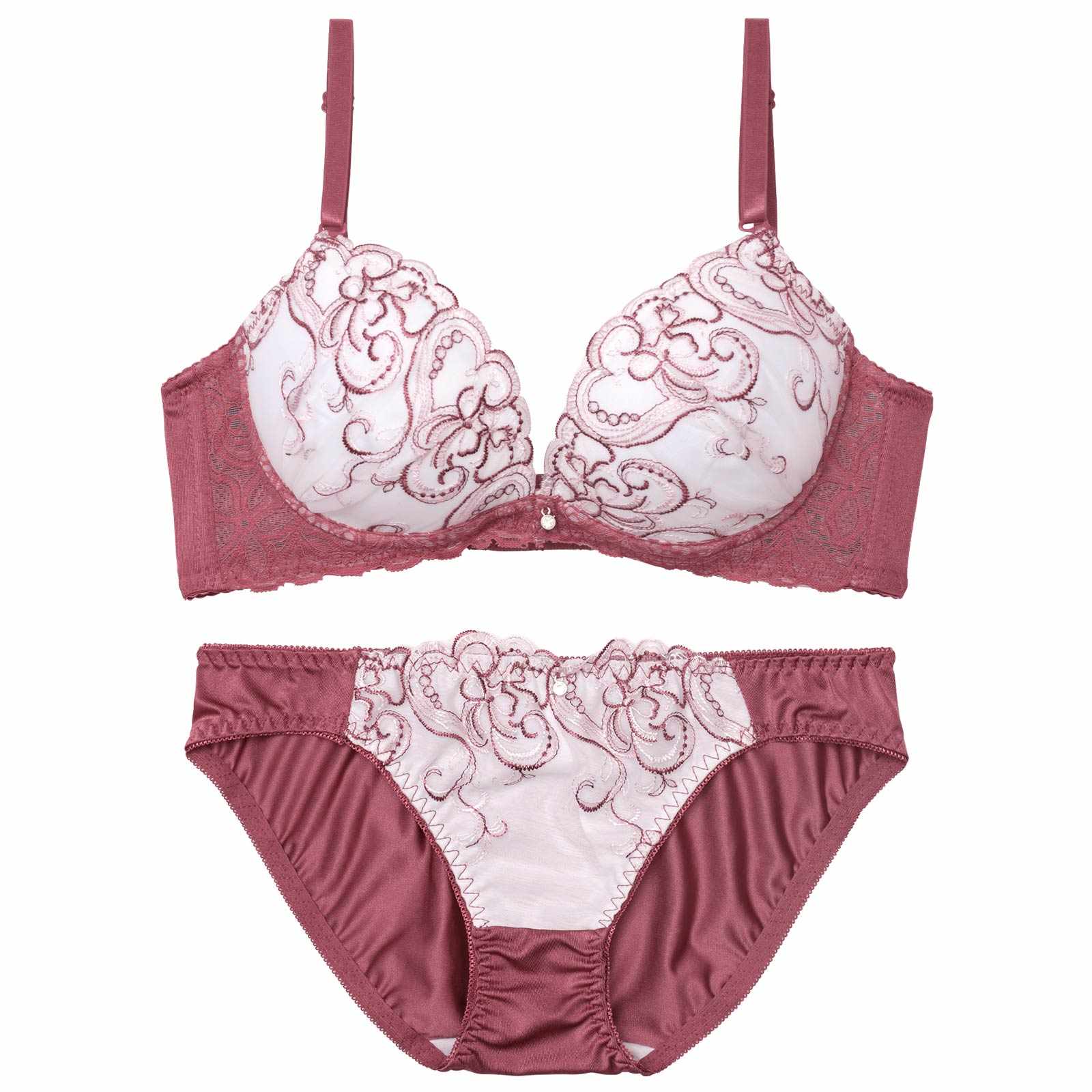 ニュアンスハートチュールレース育乳脇高ブラジャー&フルバックショーツ