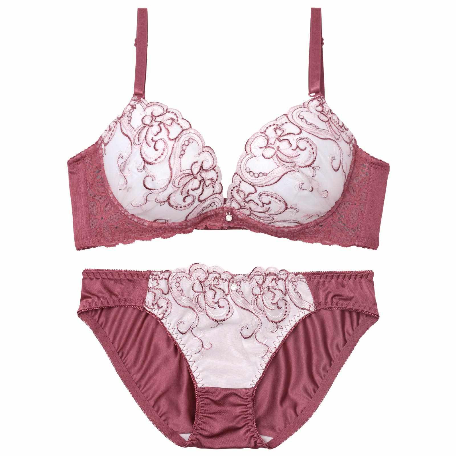 ニュアンスハートチュールレース育乳脇高ブラジャー&フルバックショーツ