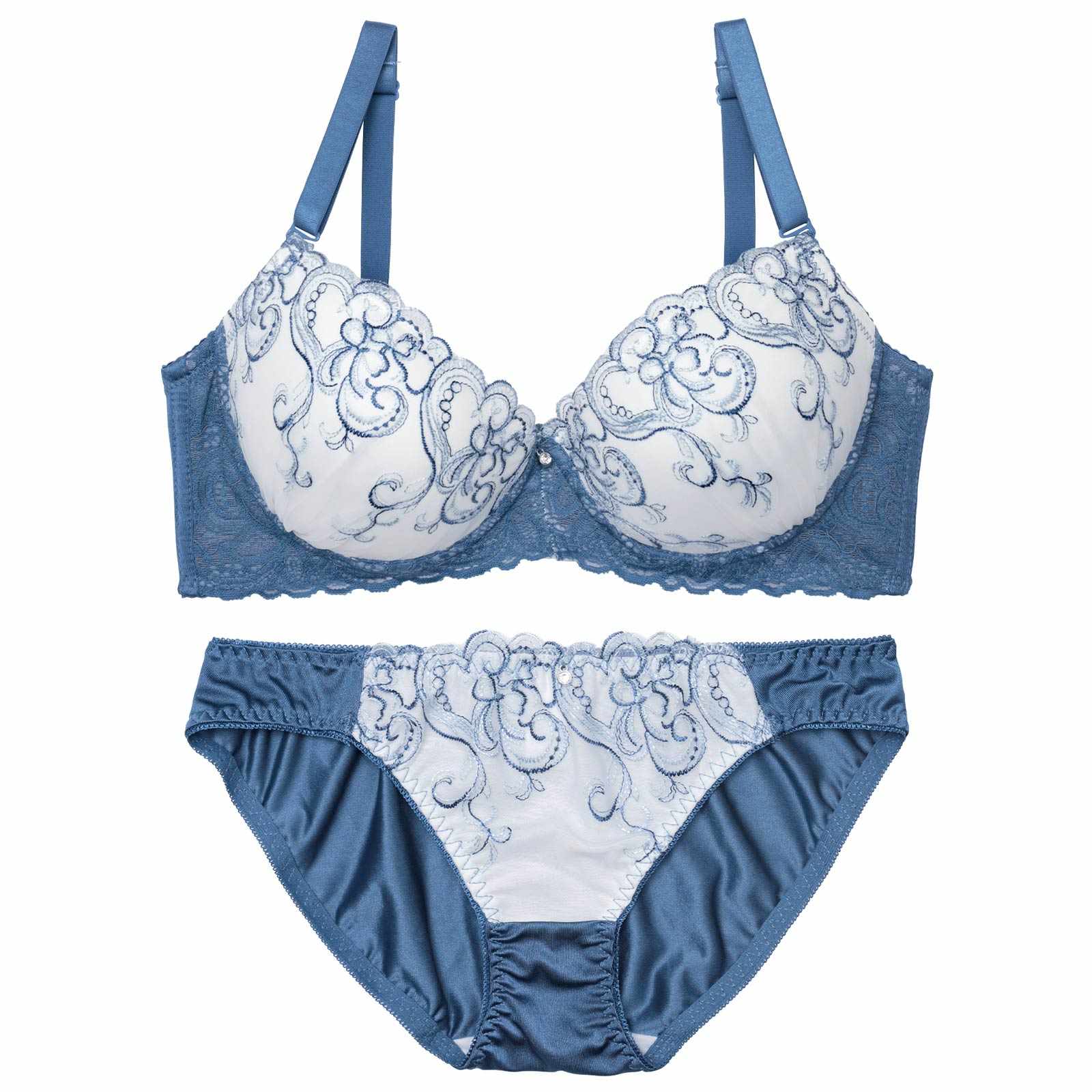 【EFサイズ】ニュアンスハートチュールレース育乳脇高ブラジャー&フルバックショーツ