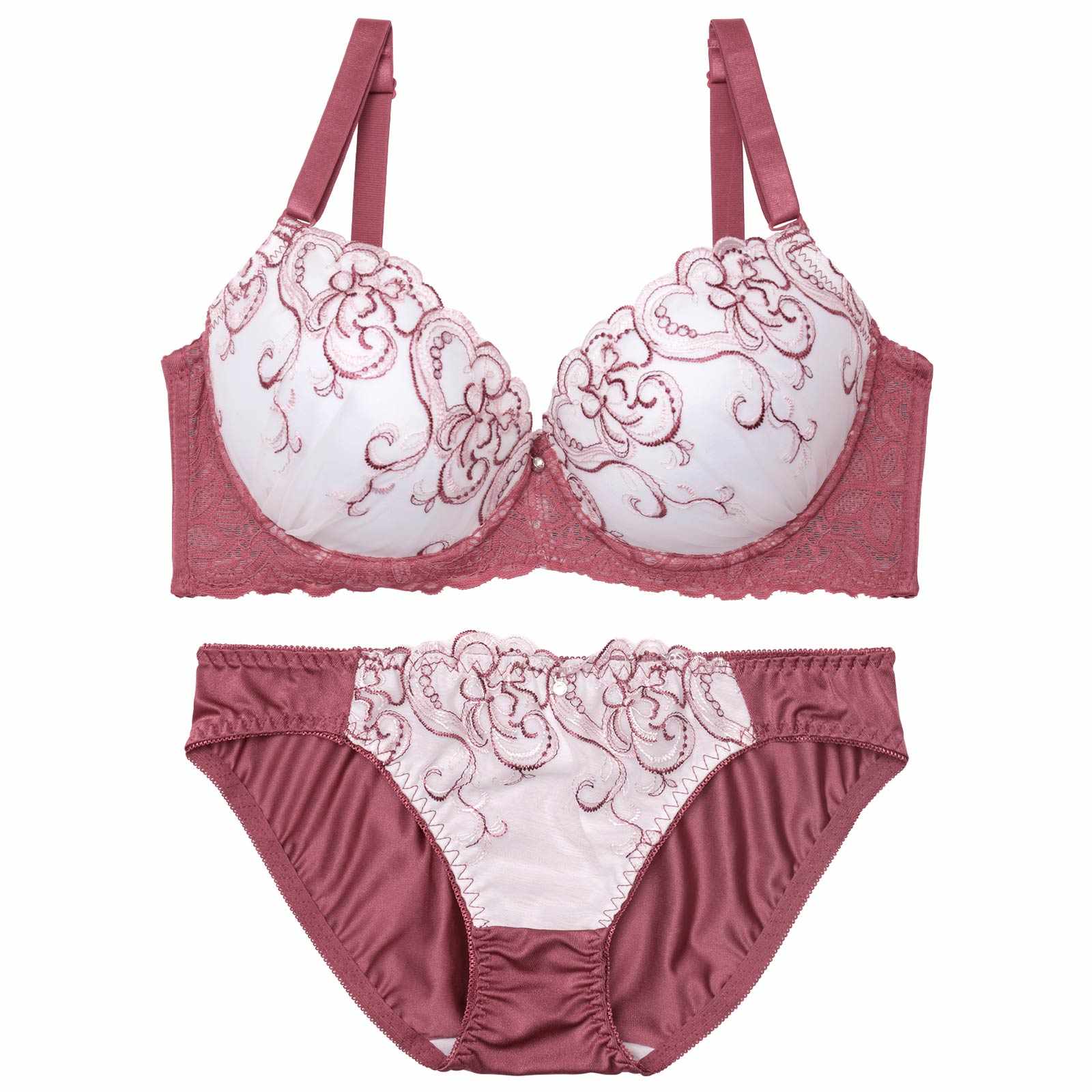 【EFサイズ】ニュアンスハートチュールレース育乳脇高ブラジャー&フルバックショーツ