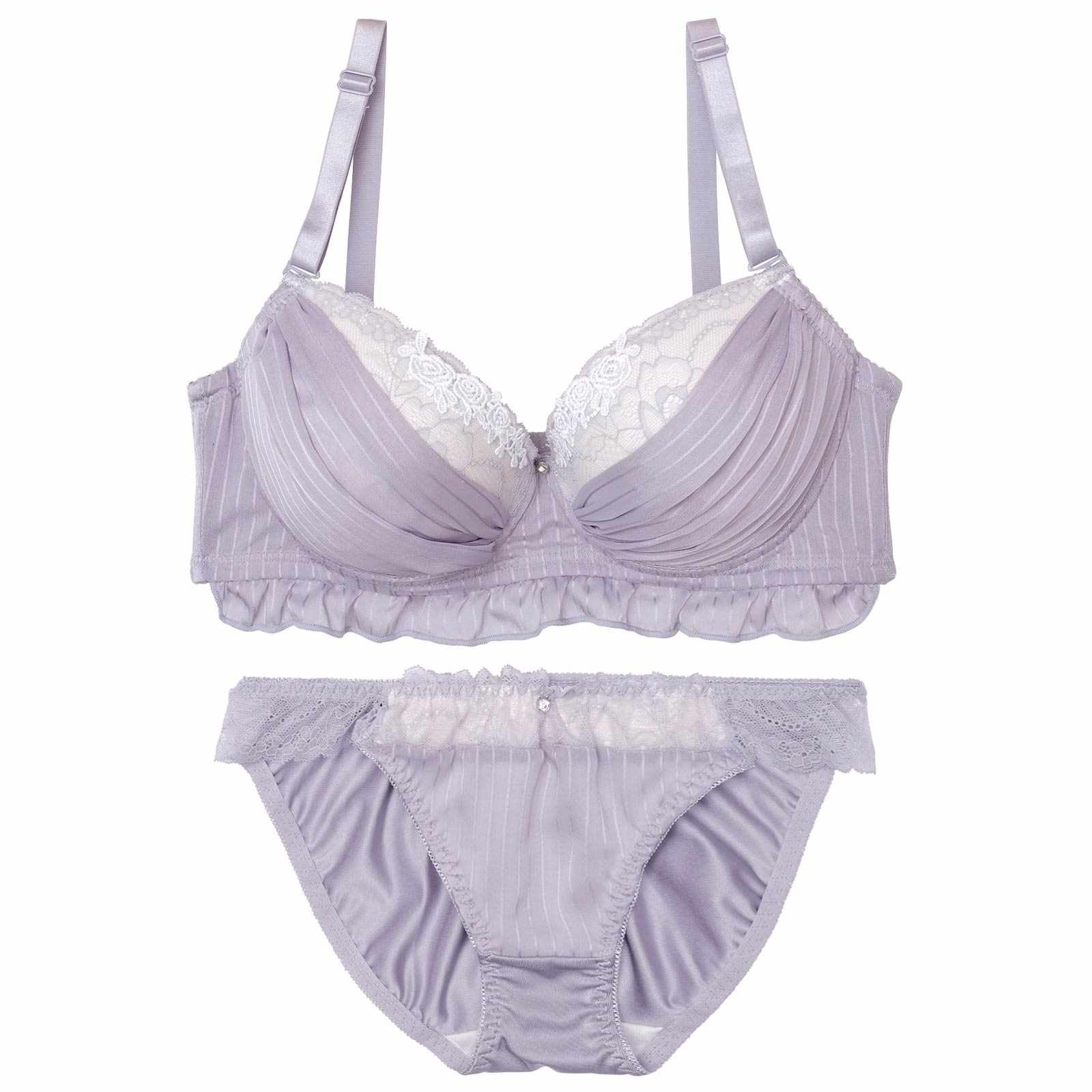 【EFサイズ】ストライプシフォンレース育乳脇高ブラジャー&フルバックショーツ