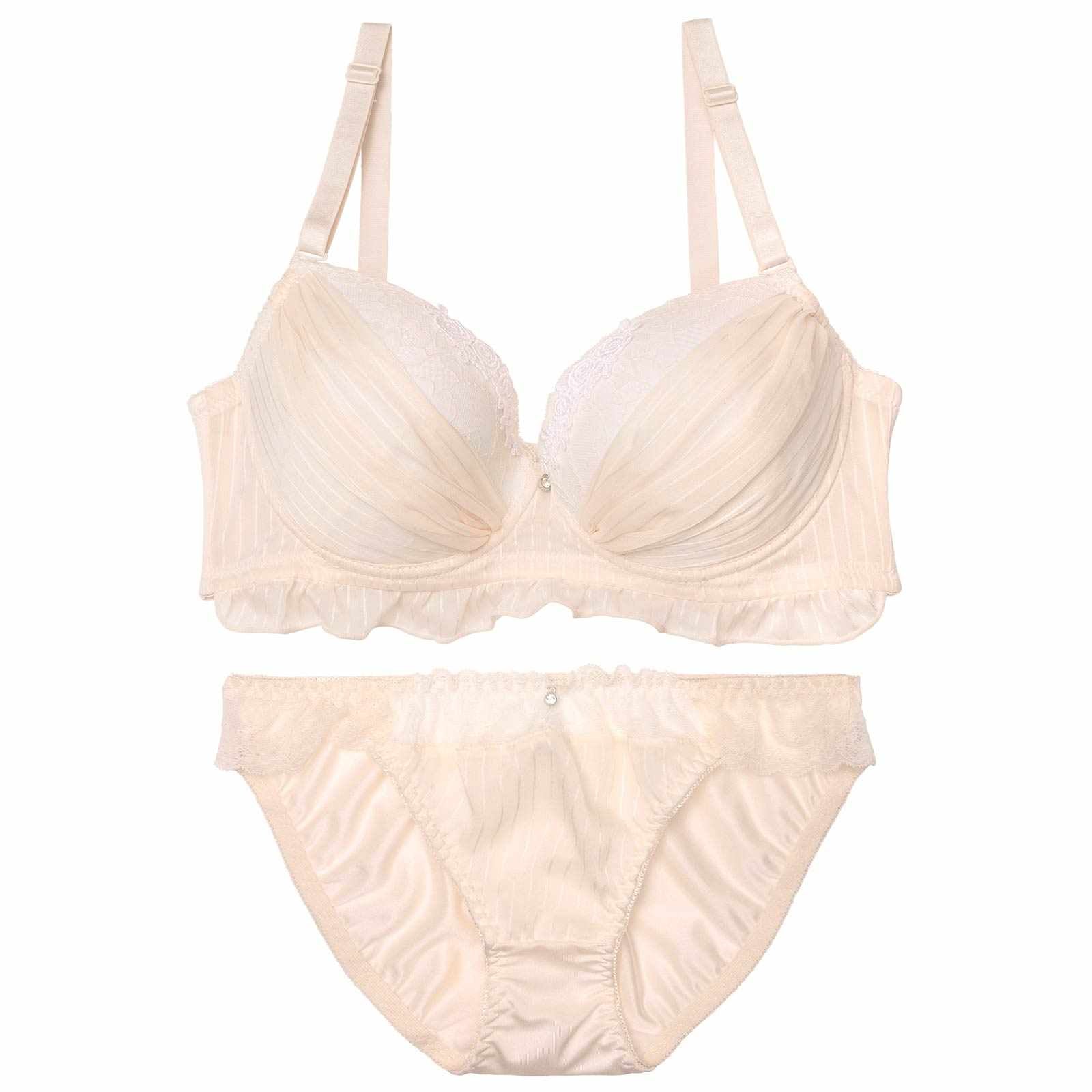 【EFサイズ】ストライプシフォンレース育乳脇高ブラジャー&フルバックショーツ