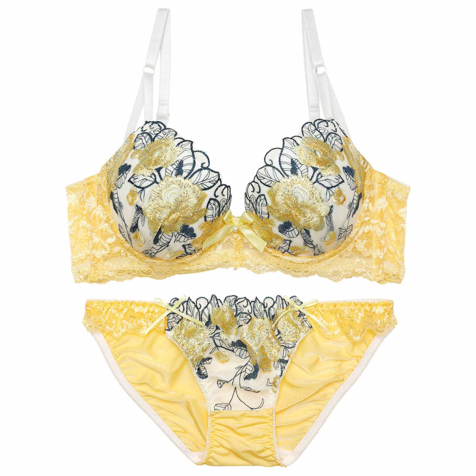 3/16再販!【三上悠亜着用】ゴージャスフラワーパール育乳脇高ブラジャー&フルバックショーツ