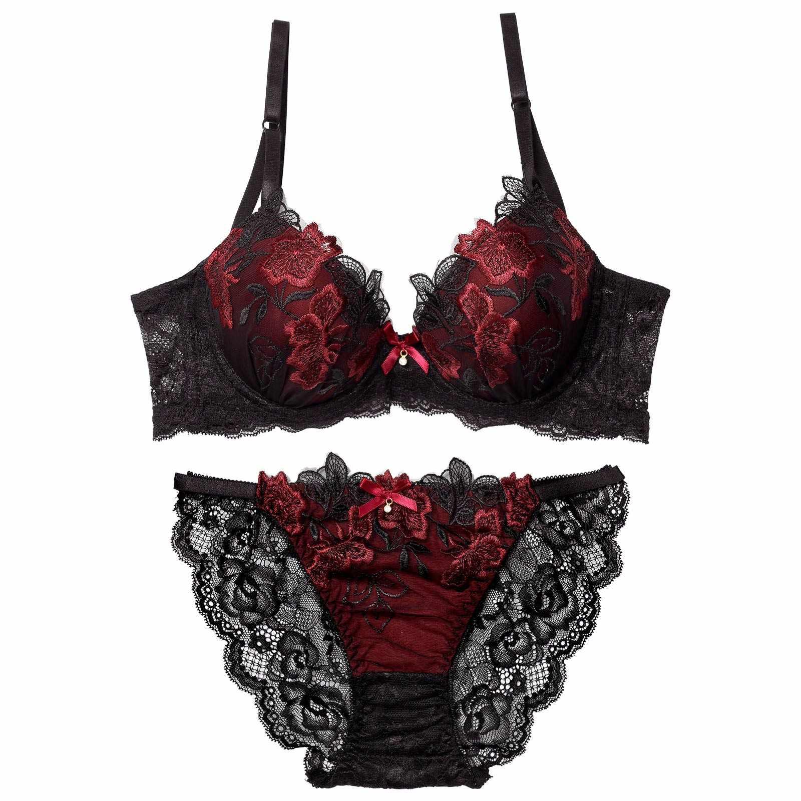 2/14再販!ダスティブルームエンブロイダリー育乳脇高ブラジャー&バック透けフルバックショーツ - 【公式】247Lingerie