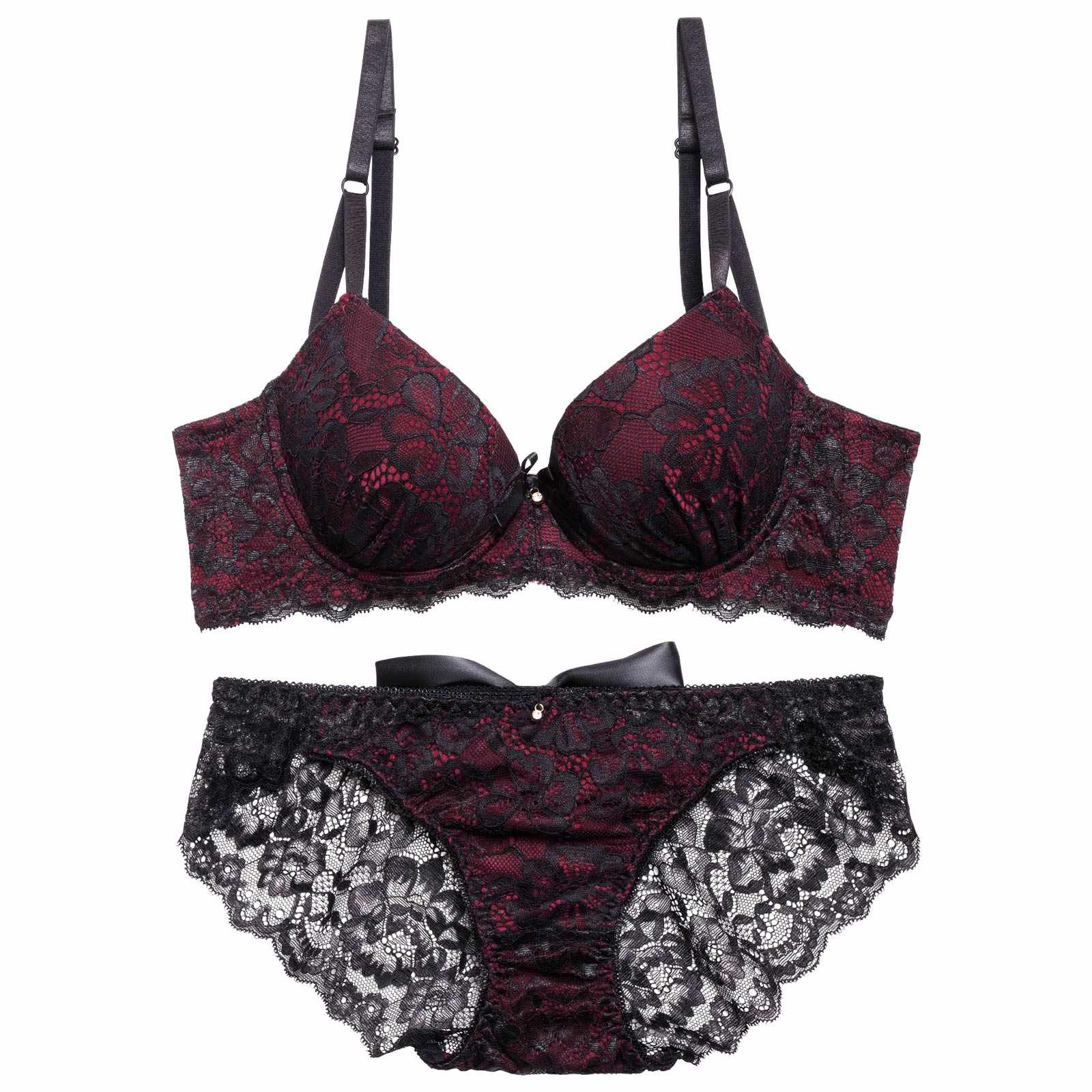 ゴシックディープリボン育乳脇高ブラジャー&バック透けフルバックショーツ