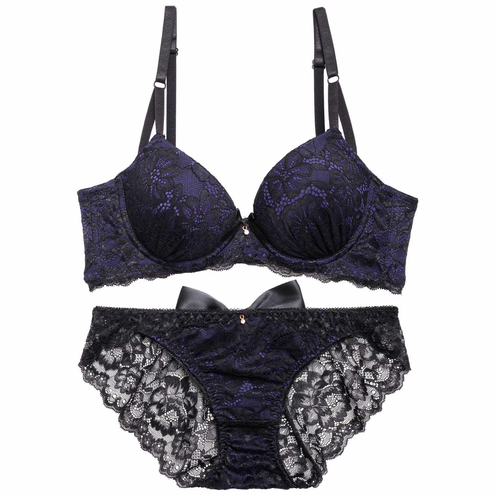 ゴシックディープリボン育乳脇高ブラジャー&バック透けフルバックショーツ