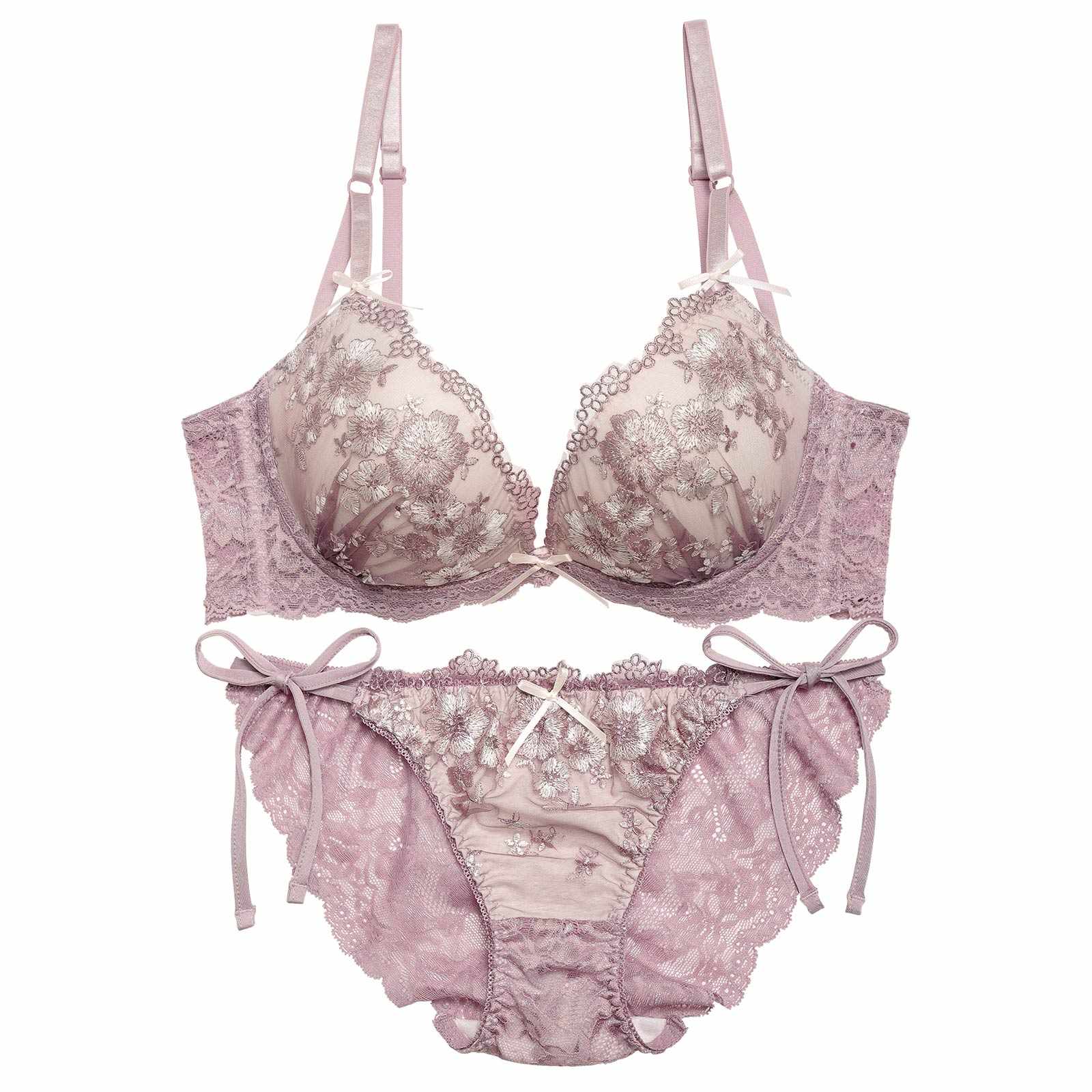 1/8再販!ダスティジュエルフラワー育乳脇高ブラジャー&サイド紐バック透けフルバックショーツ - 【公式】247Lingerie