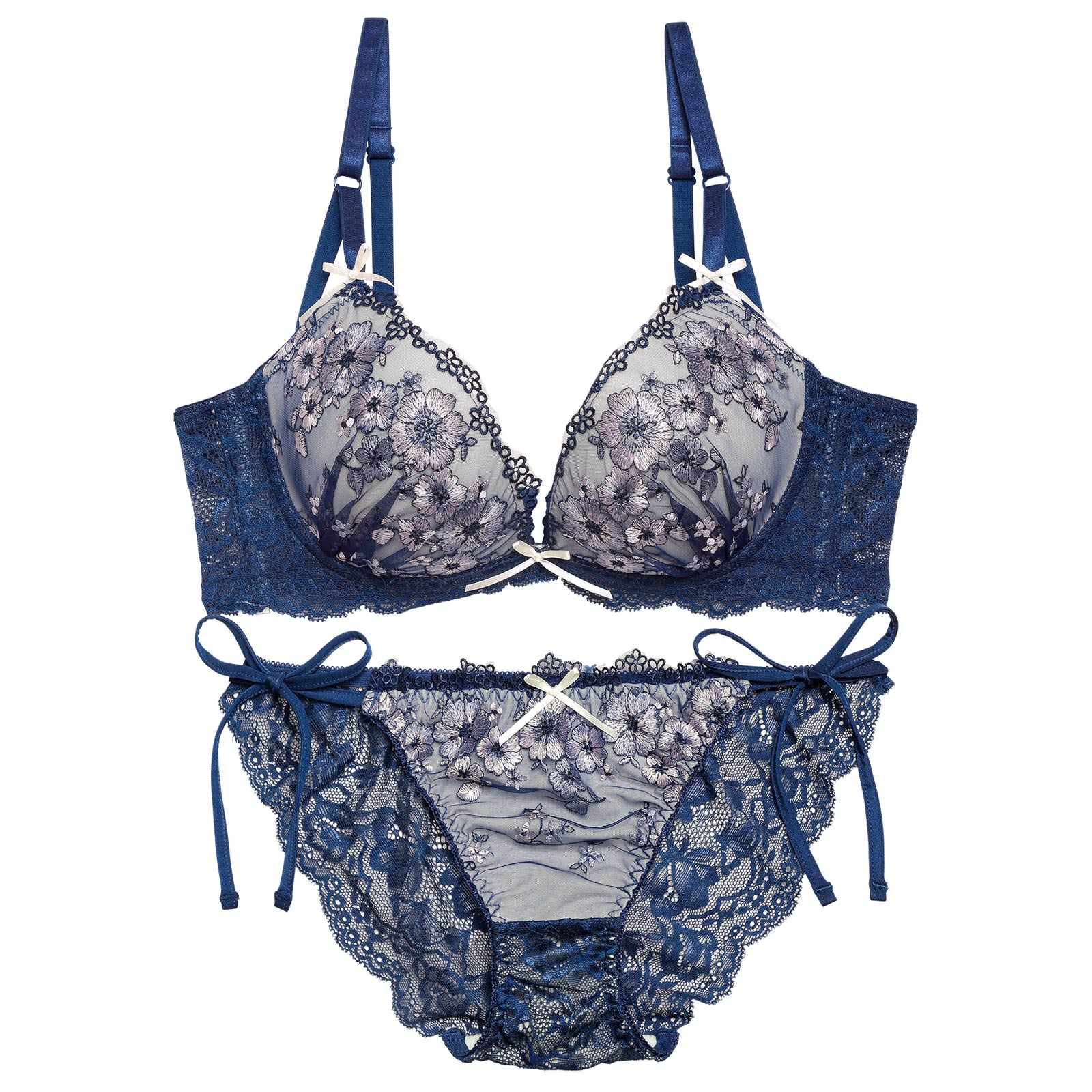 11/15再販!【EFサイズ】ダスティジュエルフラワー育乳脇高ブラジャー&サイド紐バック透けフルバックショーツ