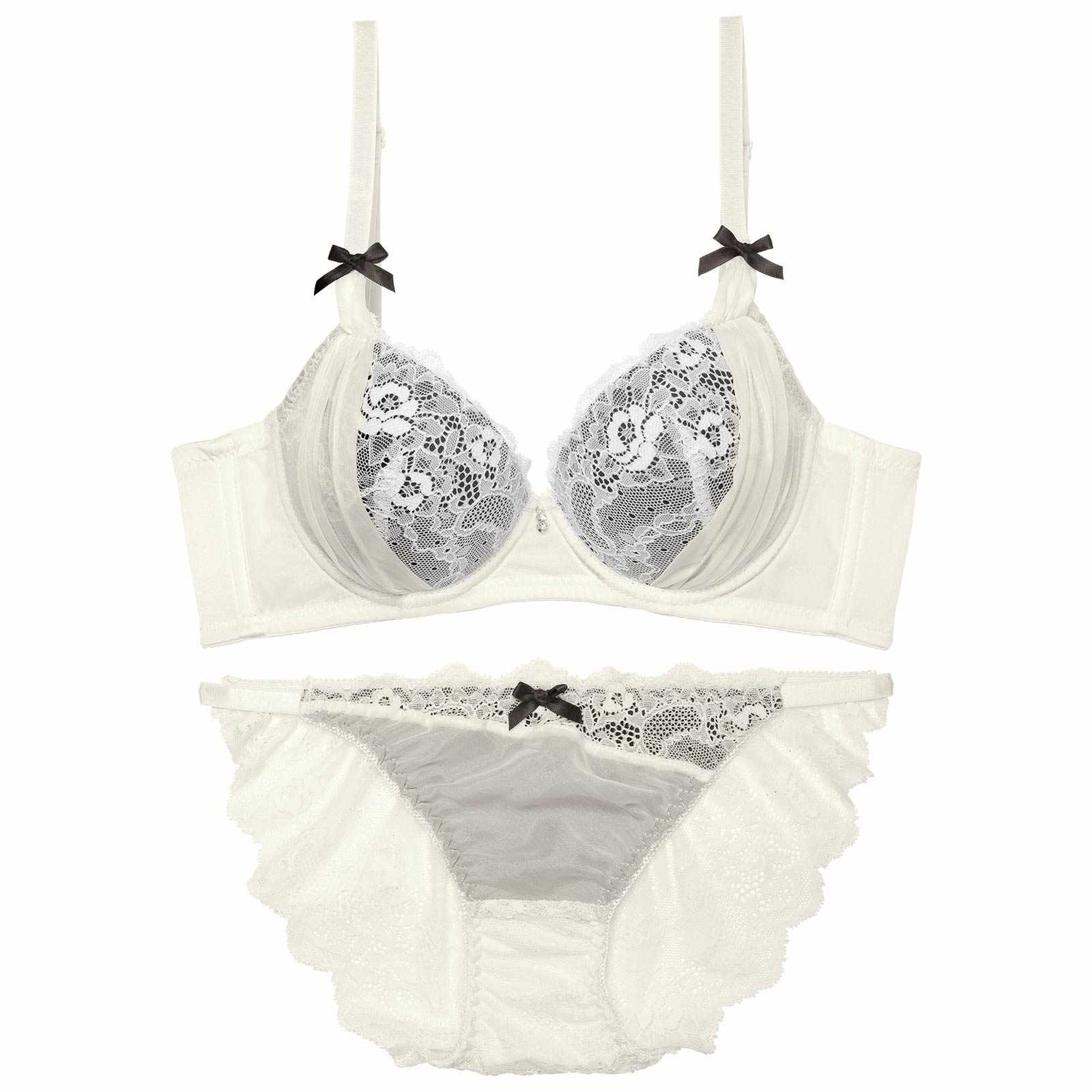 レーシィリボンチュール育乳脇高ブラジャー&バック透けフルバックショーツ