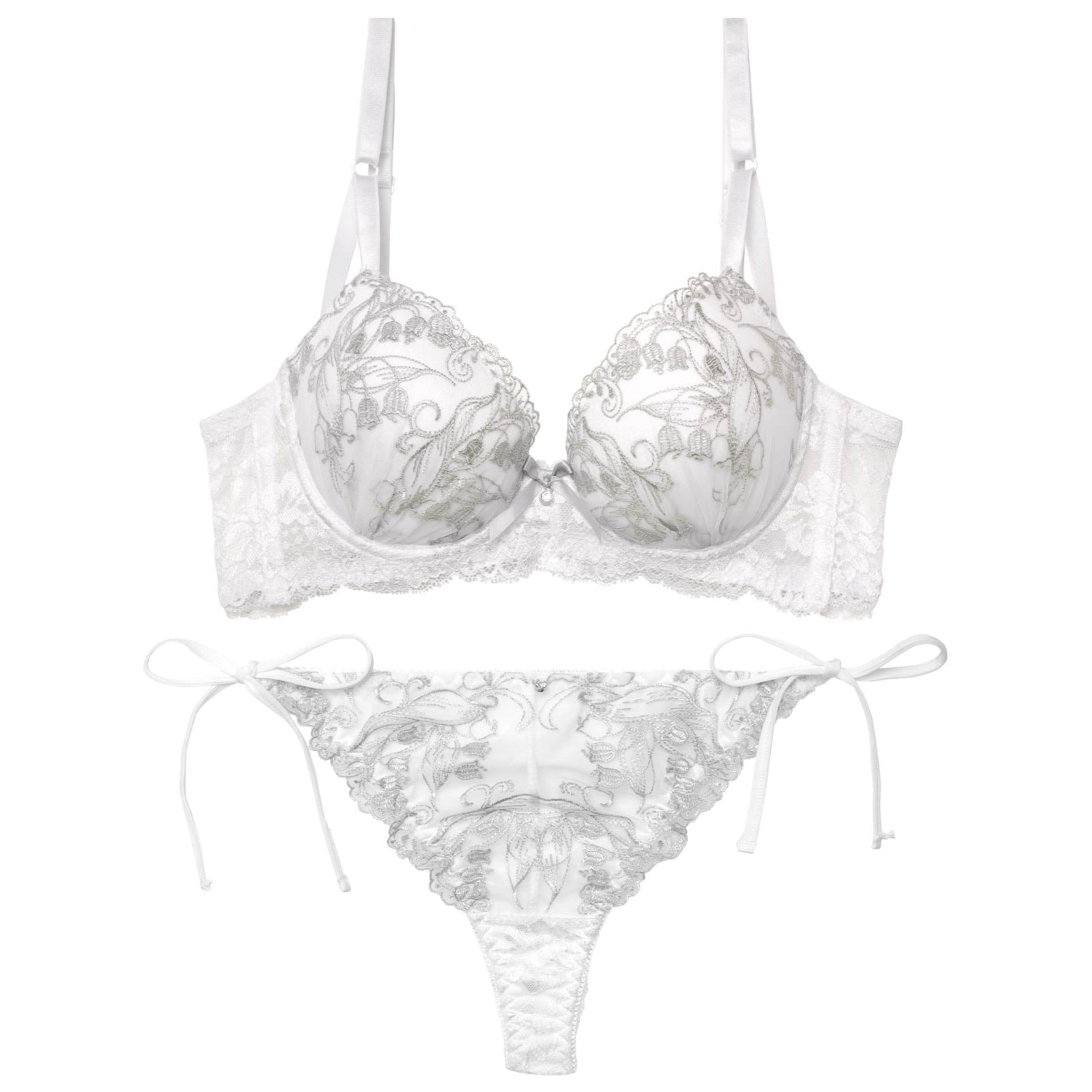 【三上悠亜着用】【EFサイズ】リリーベルエンブロイダリー育乳脇高ブラジャー&サイド紐バック透けTバックショーツ