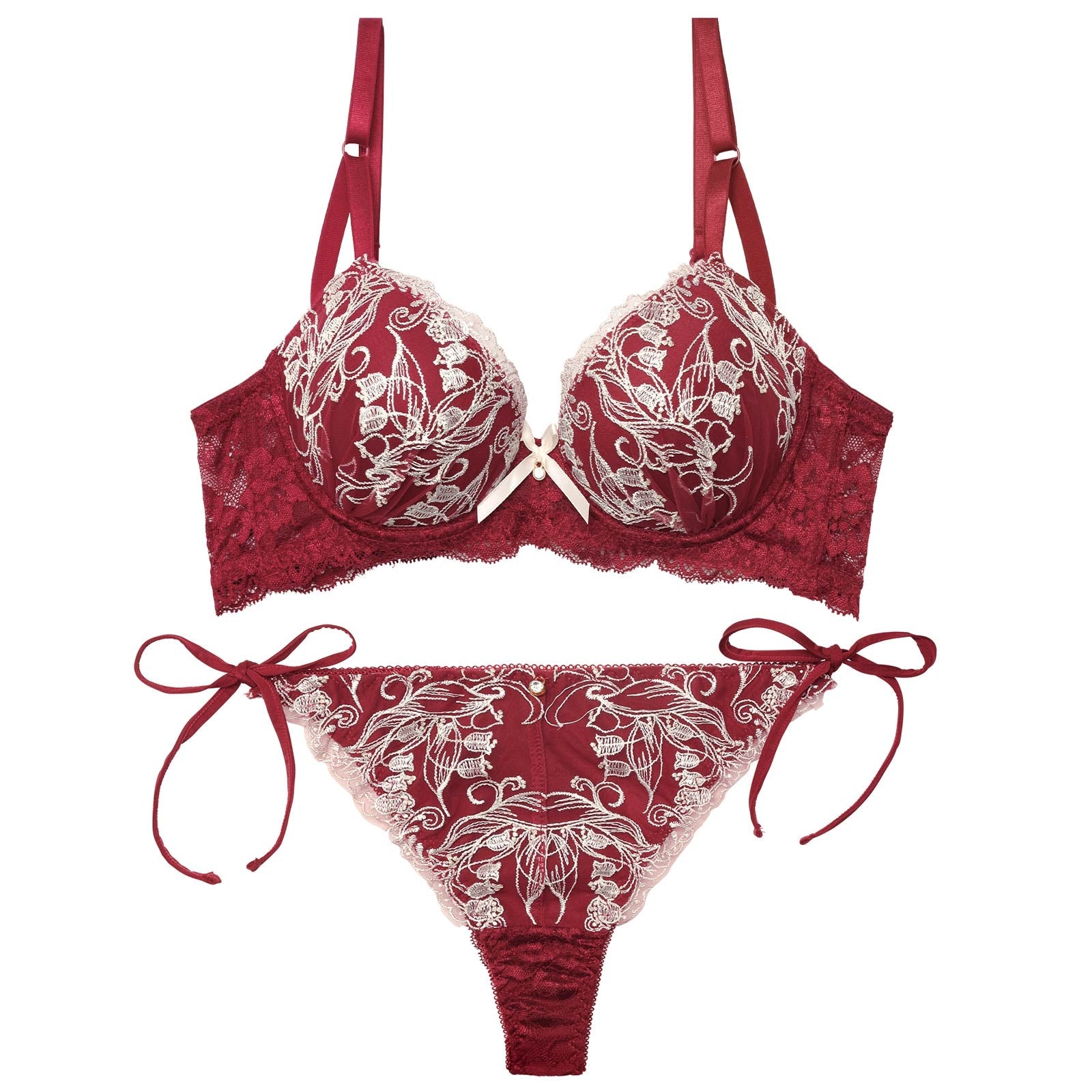 【三上悠亜着用】【EFサイズ】リリーベルエンブロイダリー育乳脇高ブラジャー&サイド紐バック透けTバックショーツ