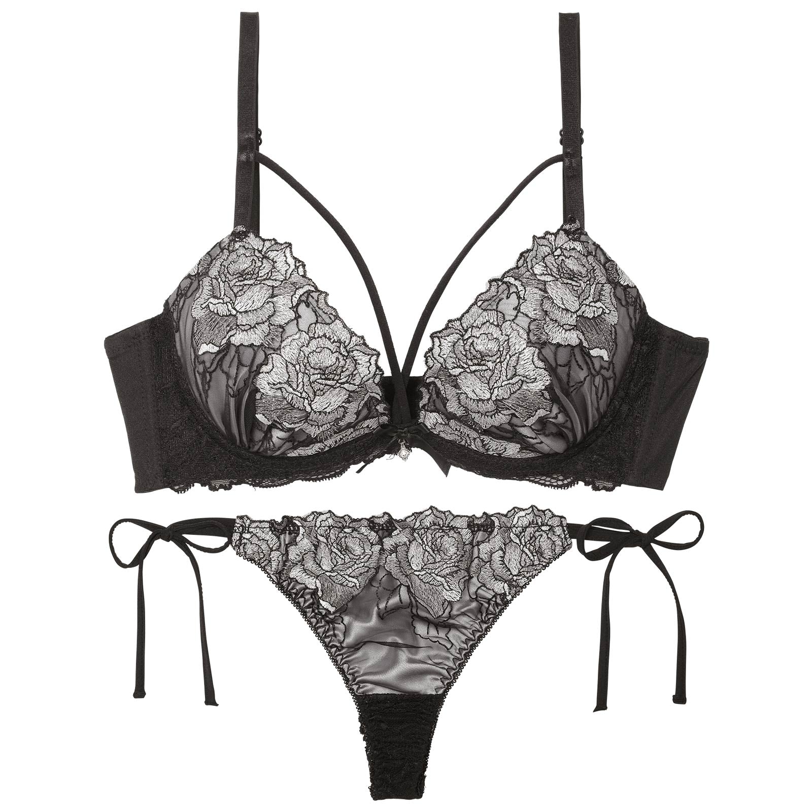 【三上悠亜着用】クラシックモダンローズコード育乳脇高ブラジャー&サイド紐バック透けTバックショーツ