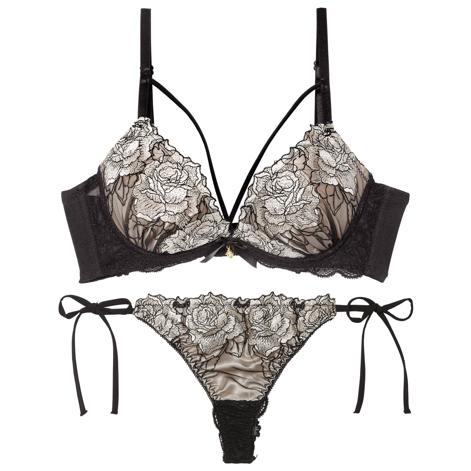 【三上悠亜着用】クラシックモダンローズコード育乳脇高ブラジャー&サイド紐バック透けTバックショーツ