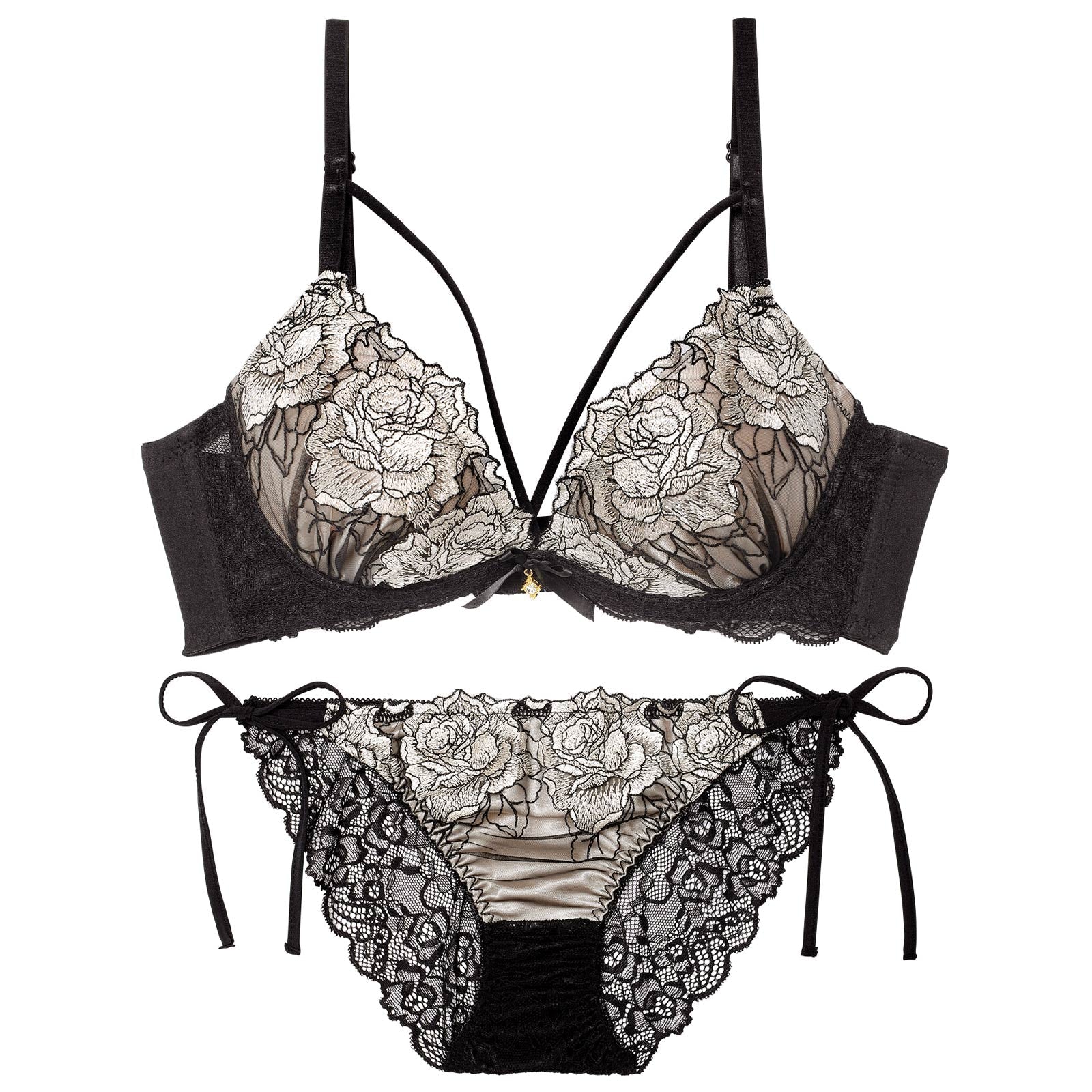 11/27再販!【三上悠亜着用】】【EFサイズ】クラシックモダンローズコード育乳脇高ブラジャー&サイド紐バック透けフルバックショーツ