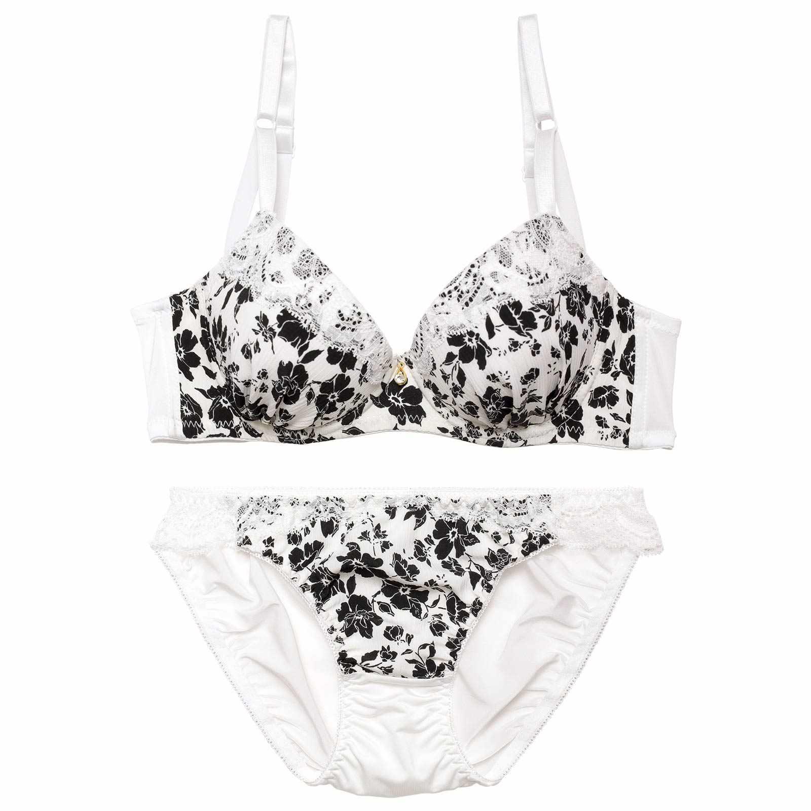 モノトーンモダンフローラル育乳脇高ブラジャー&バック透けフルバックショーツ - 【公式】247Lingerie