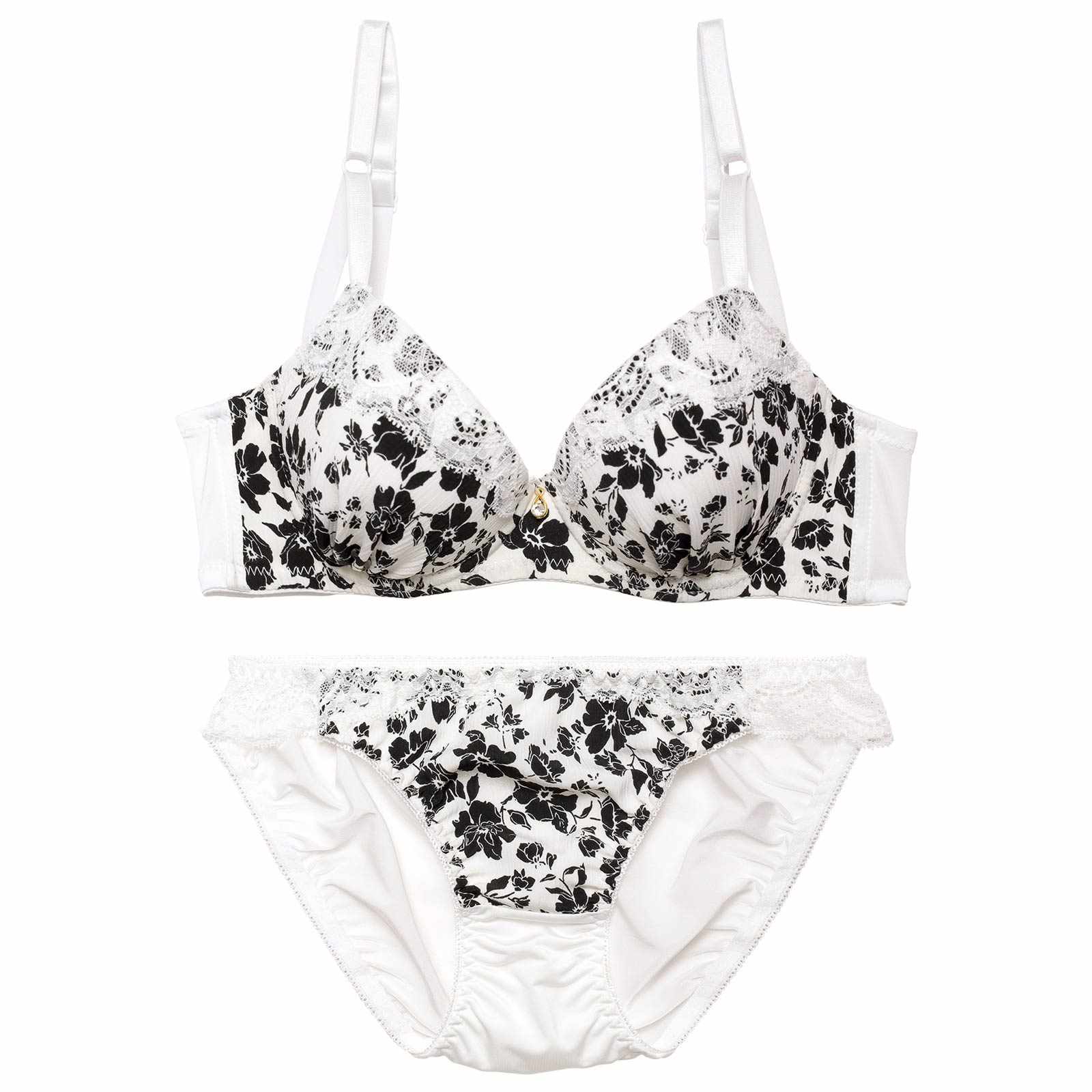 モノトーンモダンフローラル育乳脇高ブラジャー&バック透けフルバックショーツ