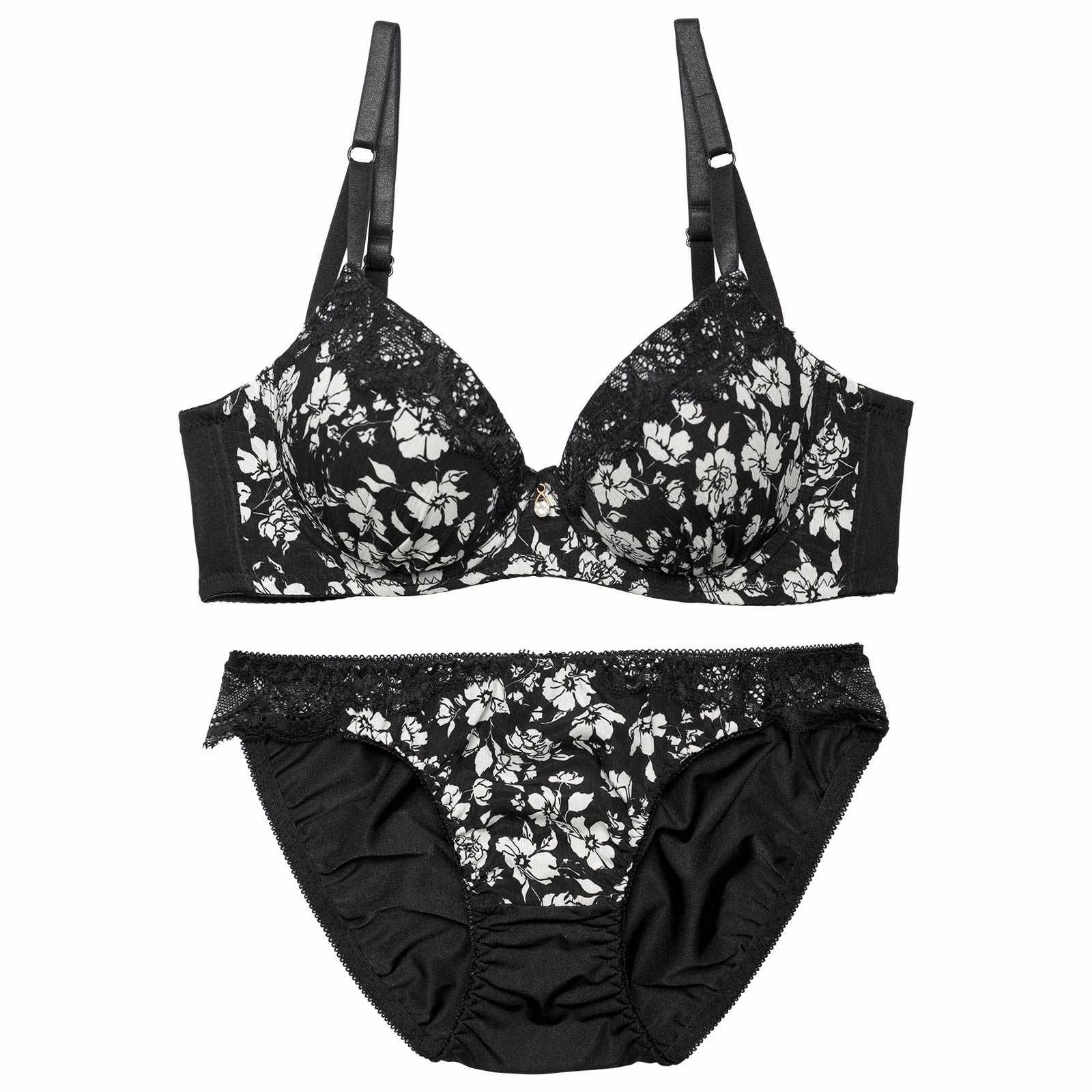 モノトーンモダンフローラル育乳脇高ブラジャー&バック透けフルバックショーツ - 【公式】247Lingerie
