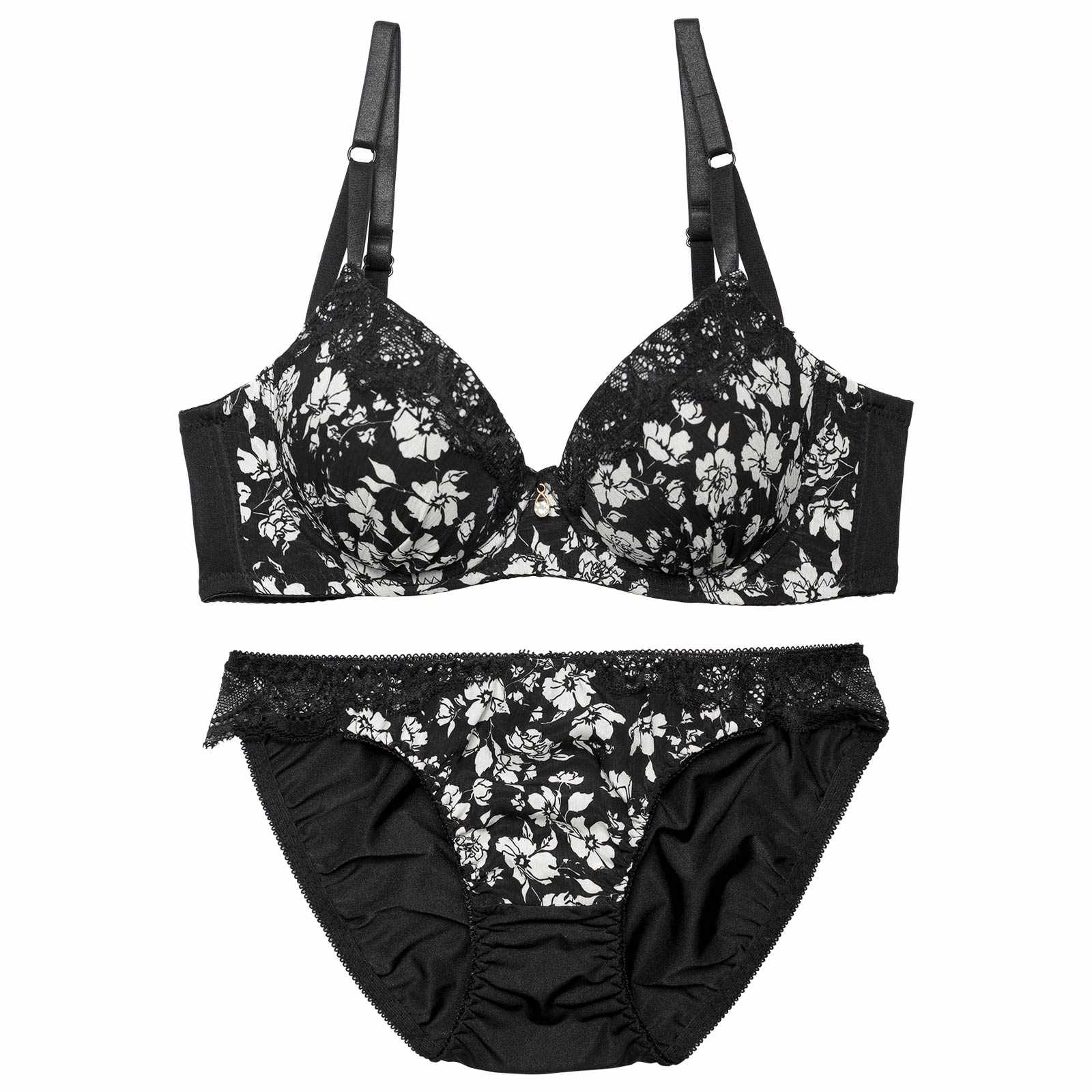 モノトーンモダンフローラル育乳脇高ブラジャー&バック透けフルバックショーツ