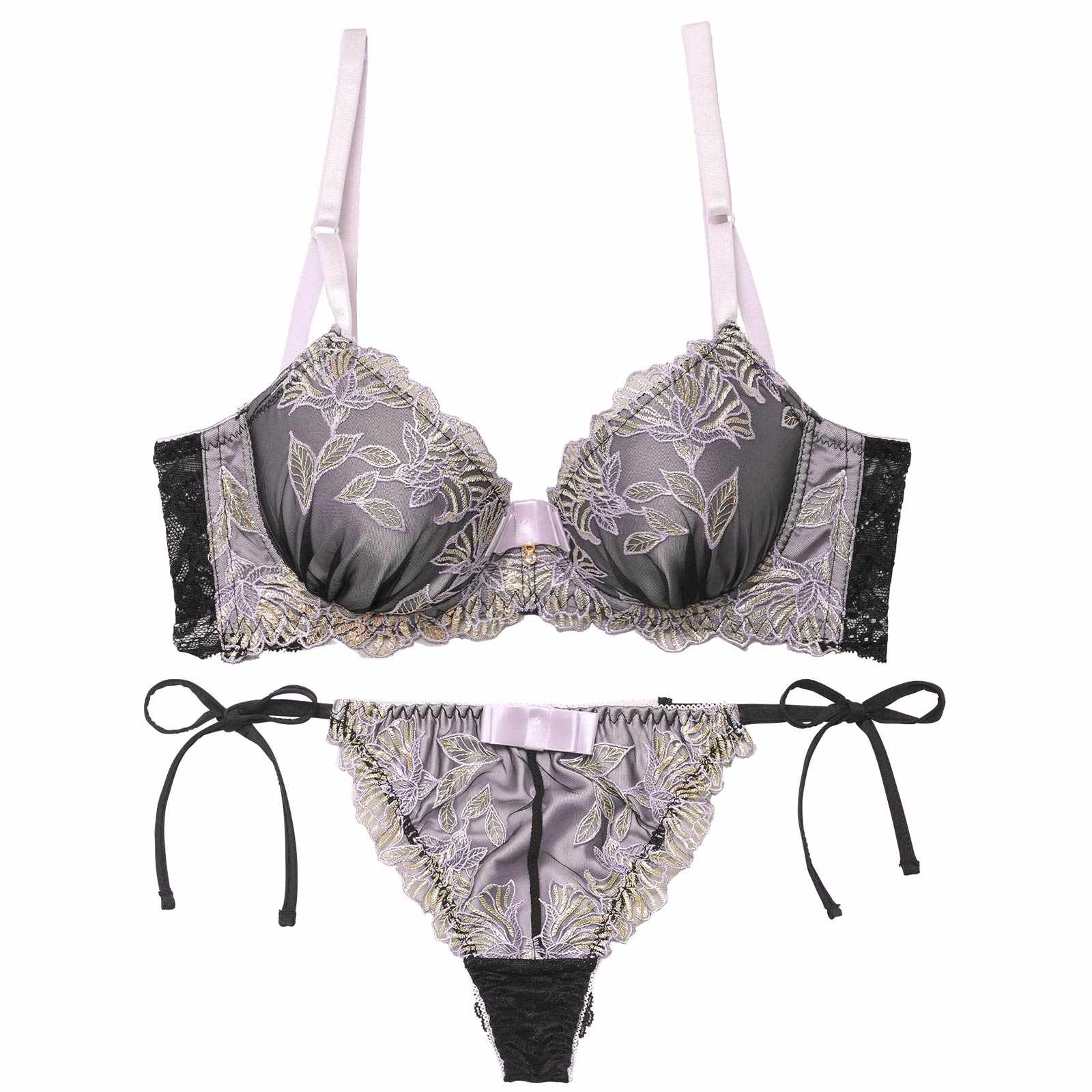 【三上悠亜着用】シックボタニカルフラワー育乳脇高ブラジャー&サイド紐バック透けTバックショーツ