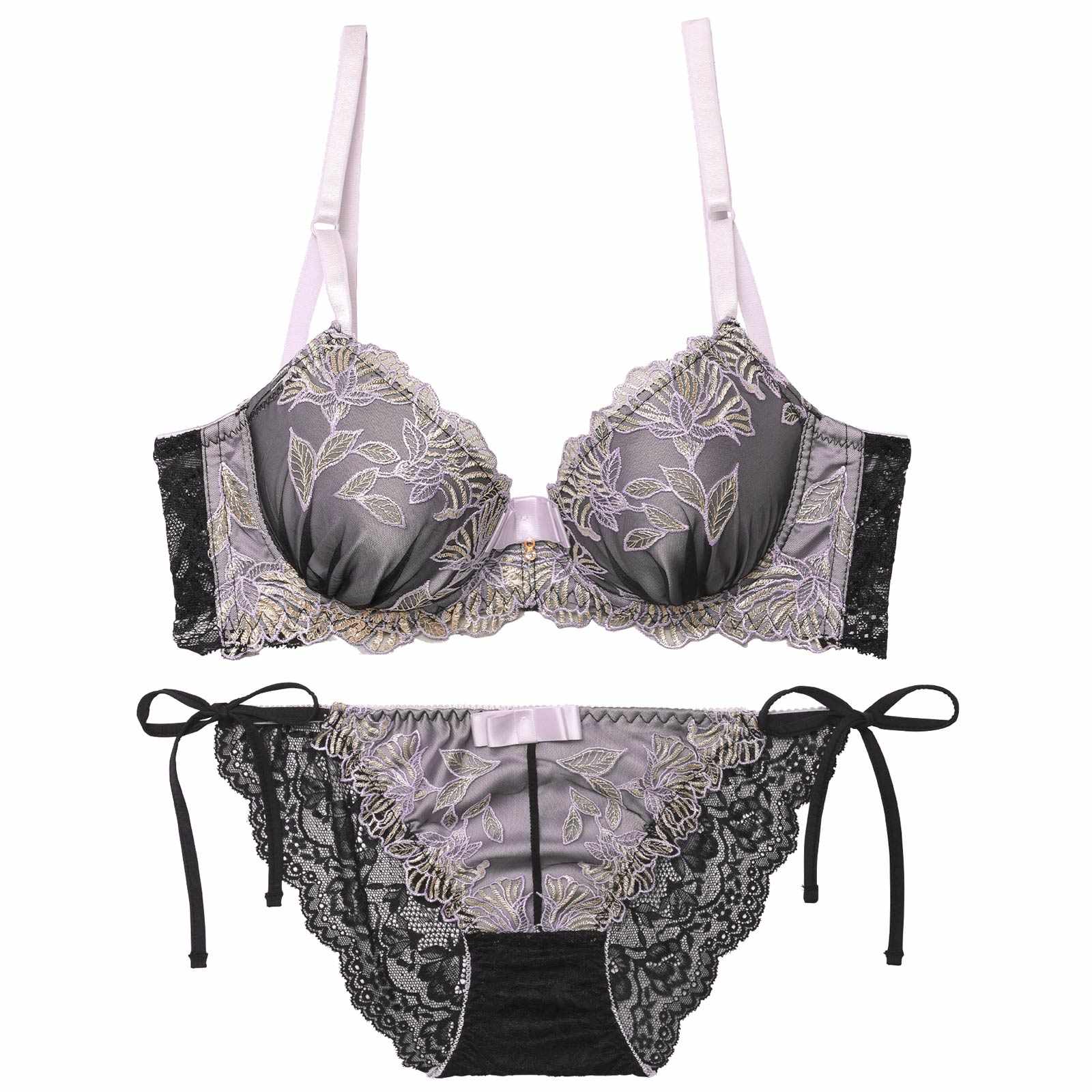 【三上悠亜着用】【EFサイズ】シックボタニカルフラワー育乳脇高ブラジャー&サイド紐バック透けフルバックショーツ