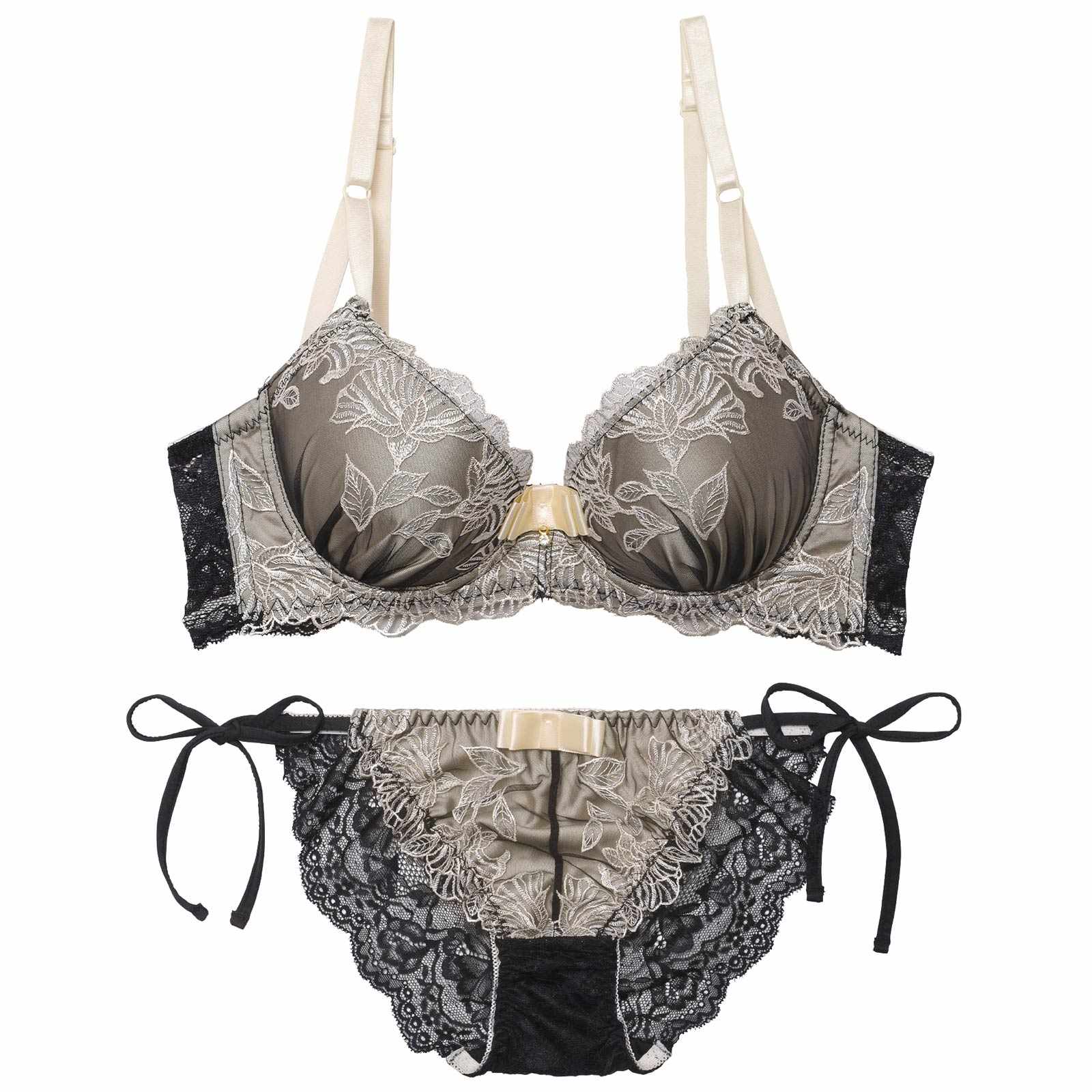 【三上悠亜着用】【EFサイズ】シックボタニカルフラワー育乳脇高ブラジャー&サイド紐バック透けフルバックショーツ