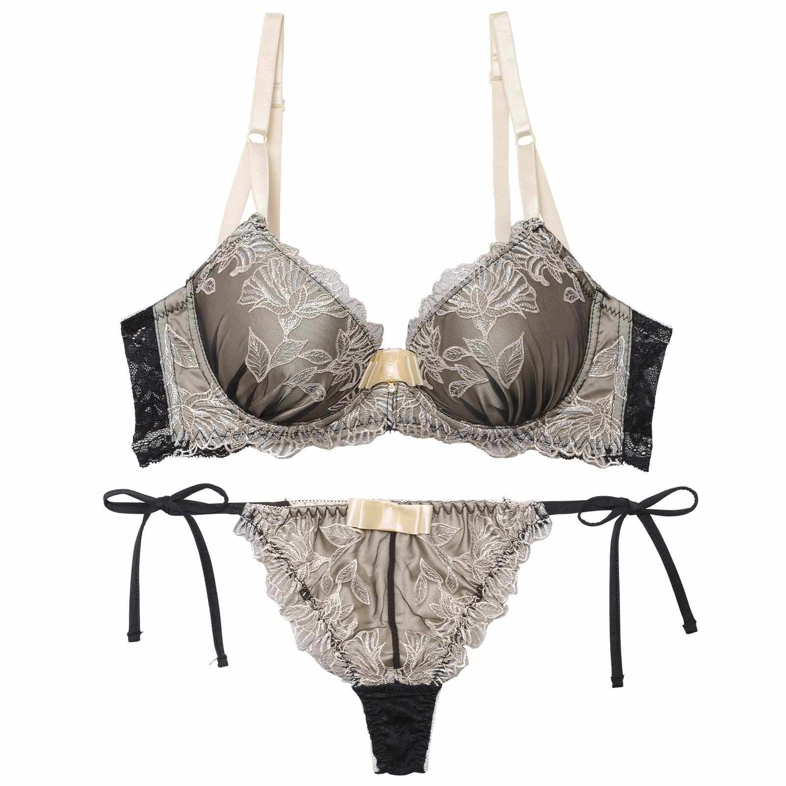 【三上悠亜着用】【EFサイズ】シックボタニカルフラワー育乳脇高ブラジャー&サイド紐バック透けTバックショーツ