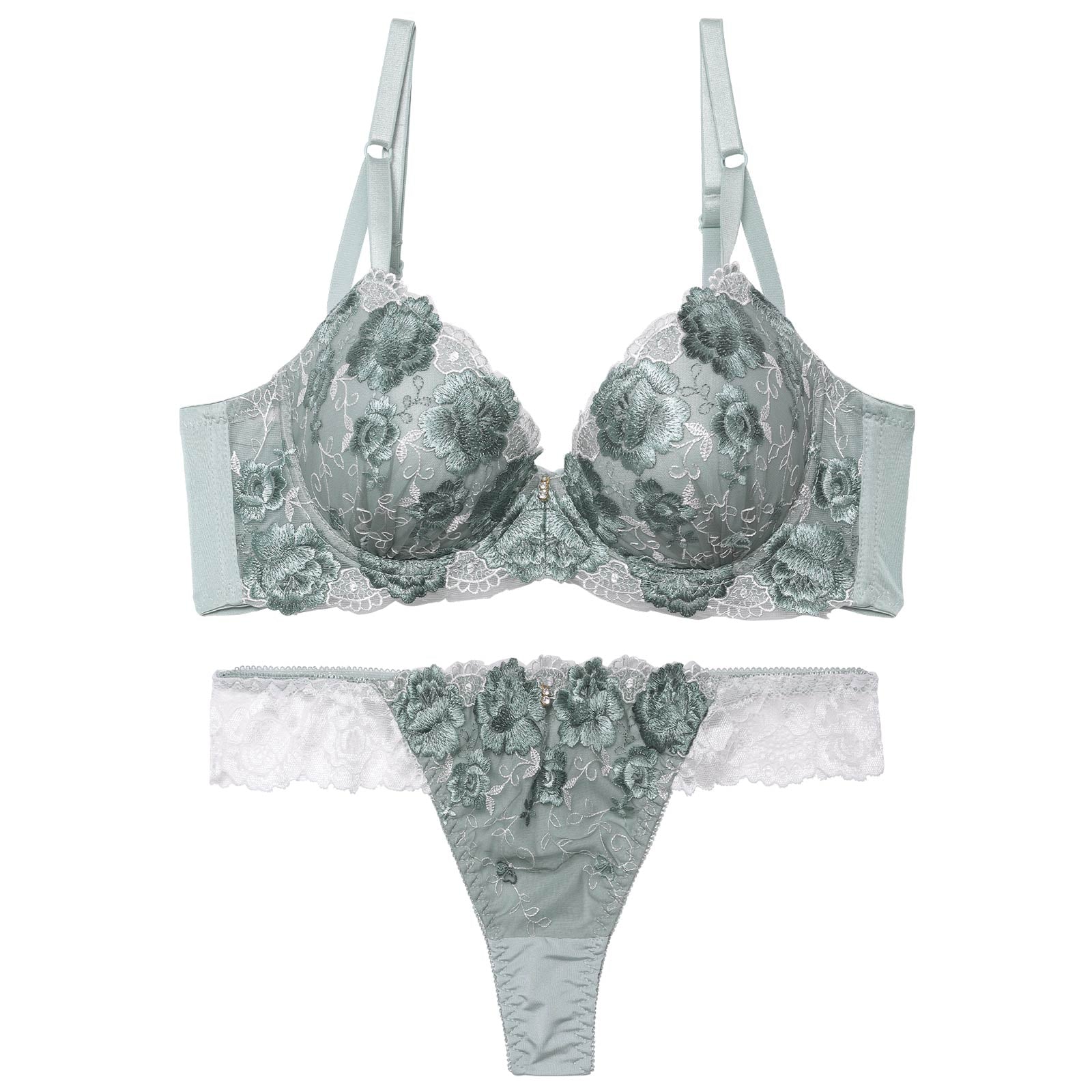 ニュアンスフローラルエンブロイダリー育乳脇高ブラジャー&Tバックショーツ