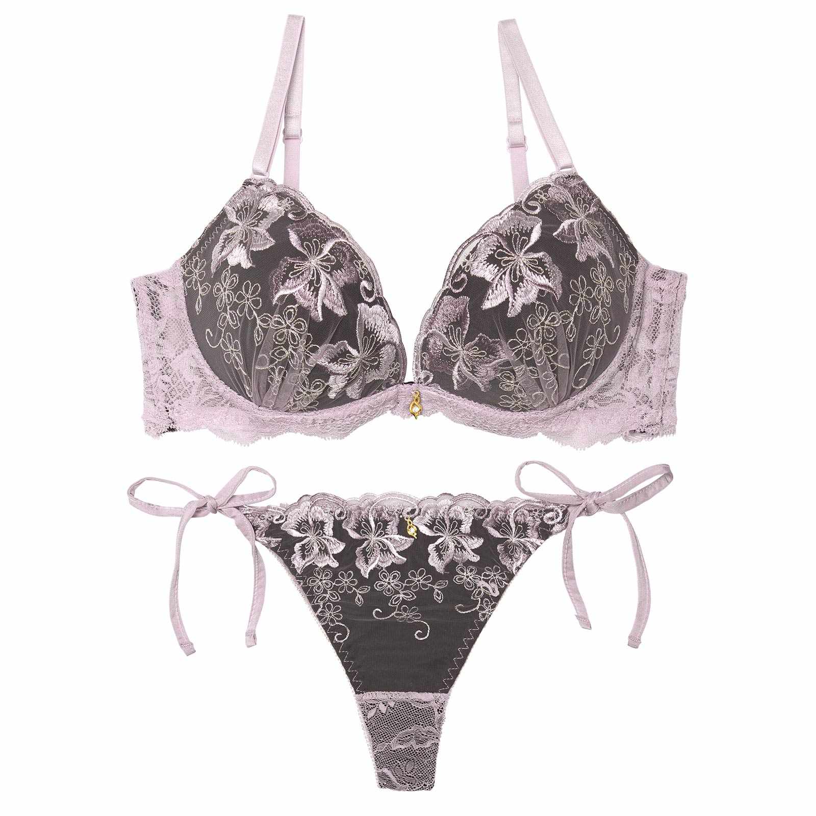 【かとゆり着用】エレガントフェアリーブルームブラジャー&サイド紐バック透けTバックショーツ