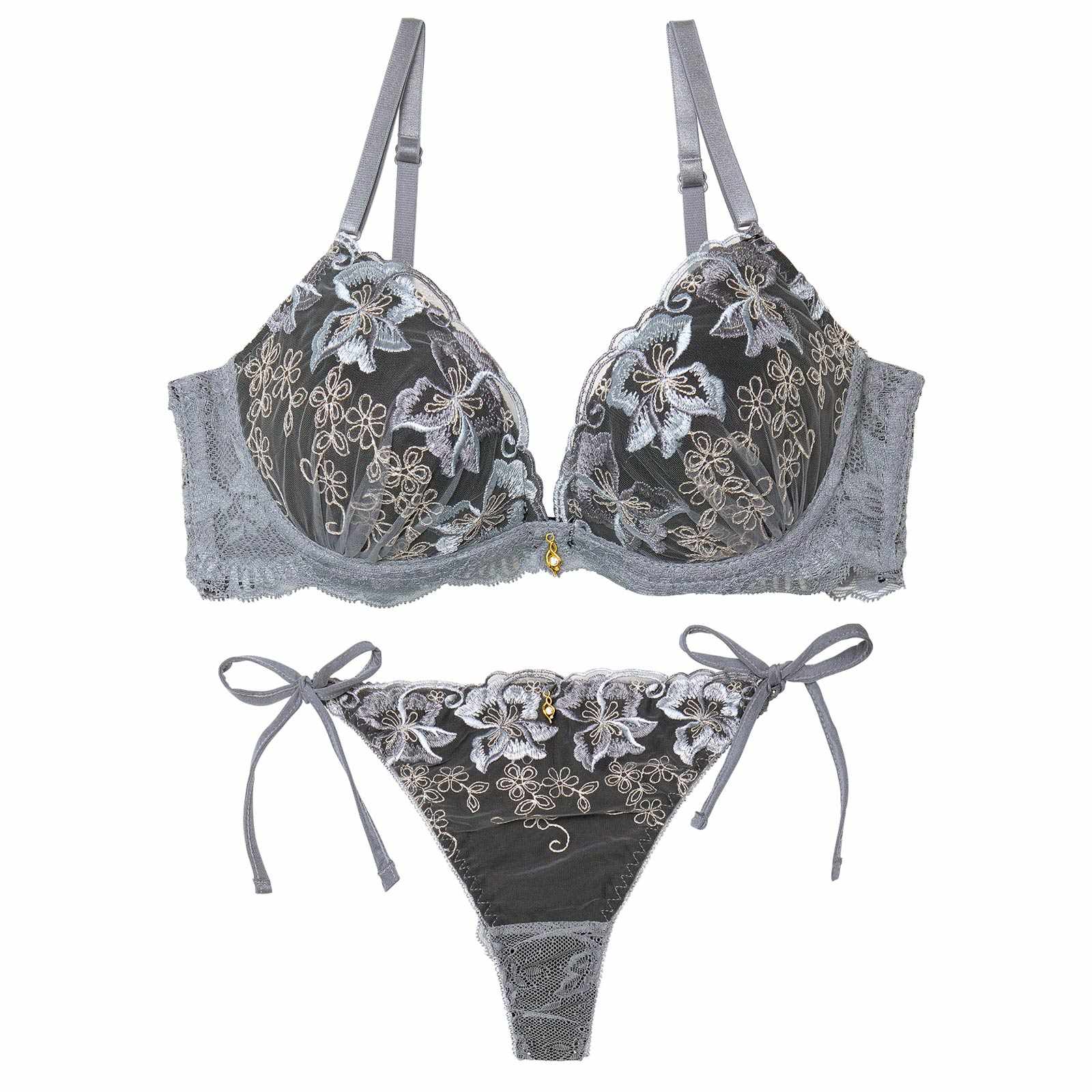 【かとゆり着用】エレガントフェアリーブルームブラジャー&サイド紐バック透けTバックショーツ