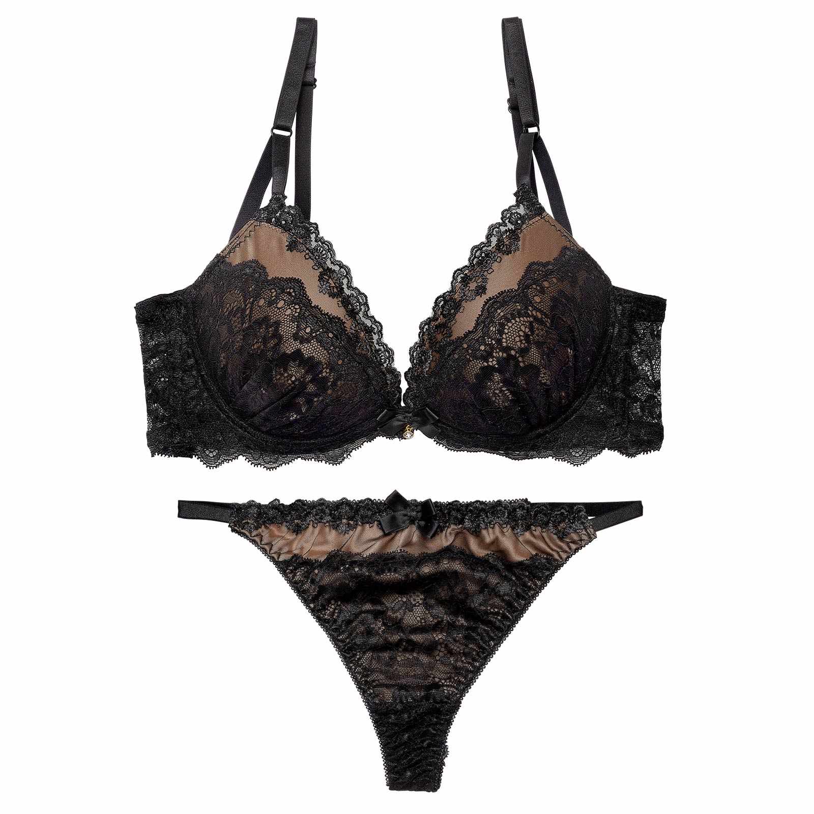 11/18再販!【EFサイズ】エレガンスシアーレース育乳脇高ブラジャー&バック透けTバックショーツ