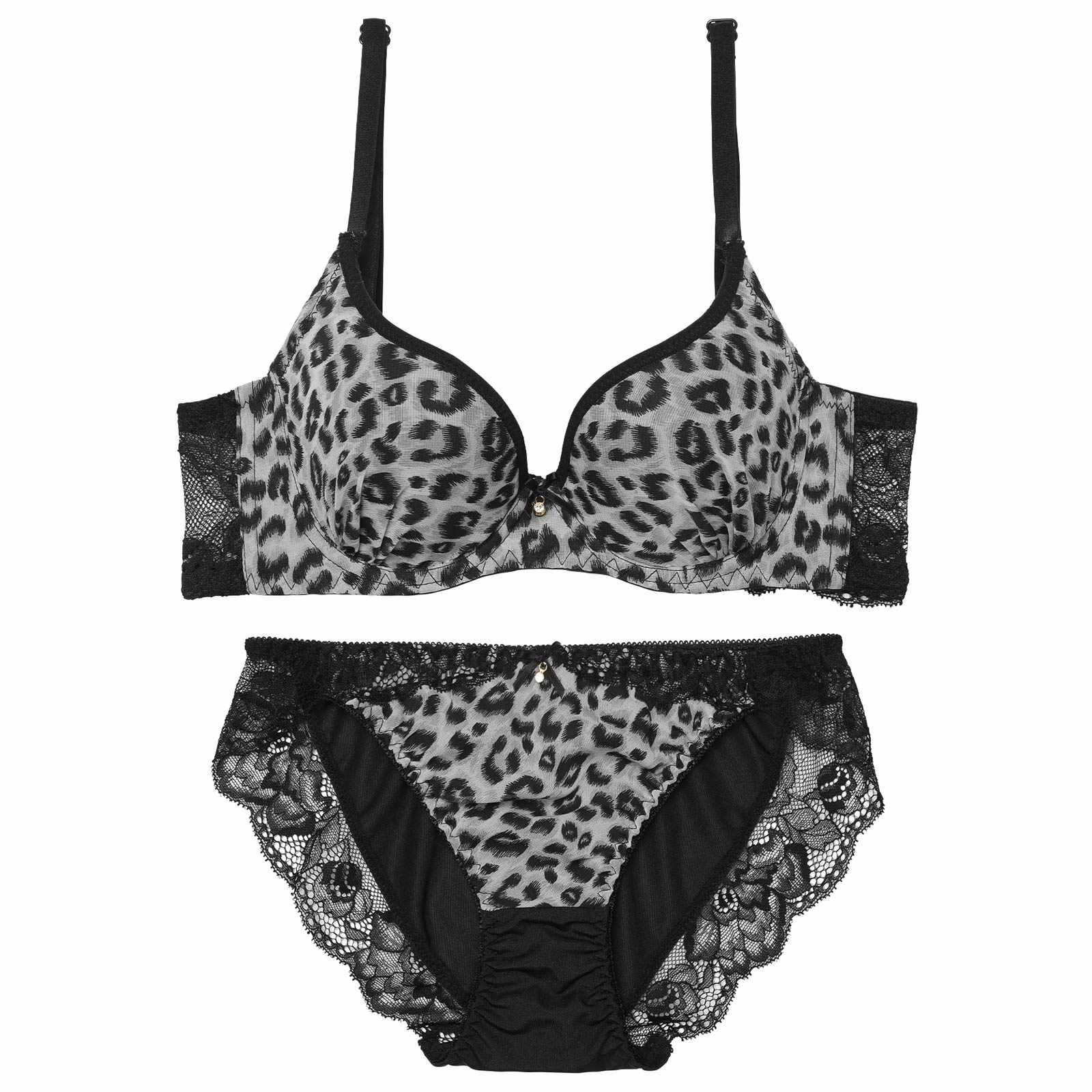 【EFサイズ】センシュアルレオパードレース育乳脇高ブラジャー&フルバックショーツ