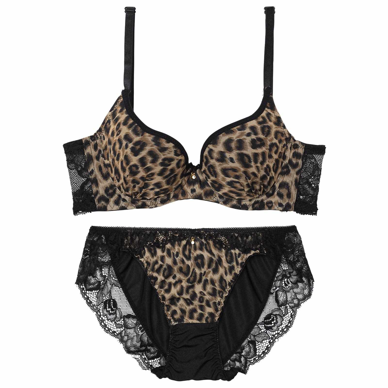 【EFサイズ】センシュアルレオパードレース育乳脇高ブラジャー&フルバックショーツ