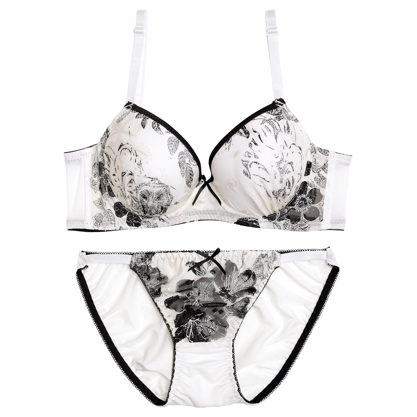 モノトーンパイピングブルーム育乳脇高ブラジャー&バック透けフルバックショーツ