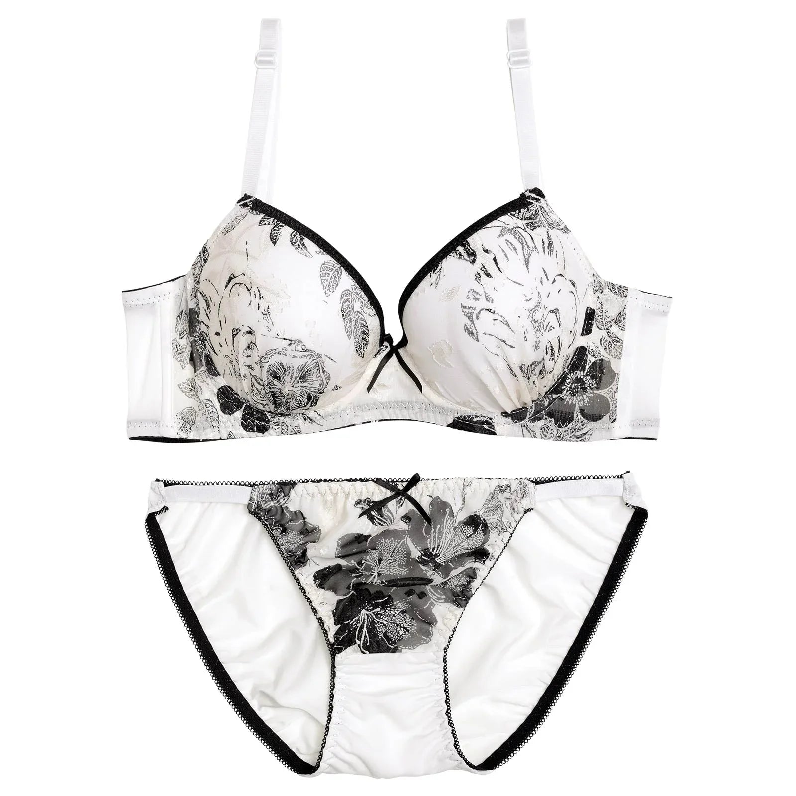 モノトーンパイピングブルーム育乳脇高ブラジャー&バック透けフルバックショーツ - 【公式】247Lingerie