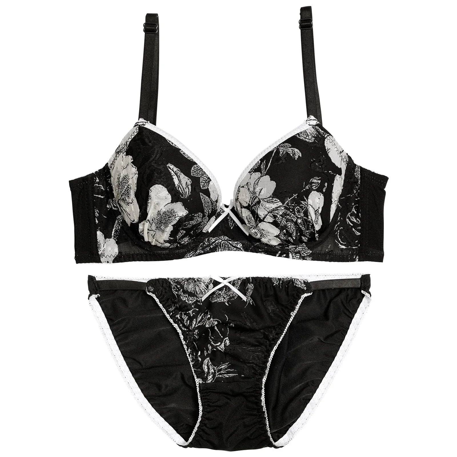 モノトーンパイピングブルーム育乳脇高ブラジャー&バック透けフルバックショーツ - 【公式】247Lingerie