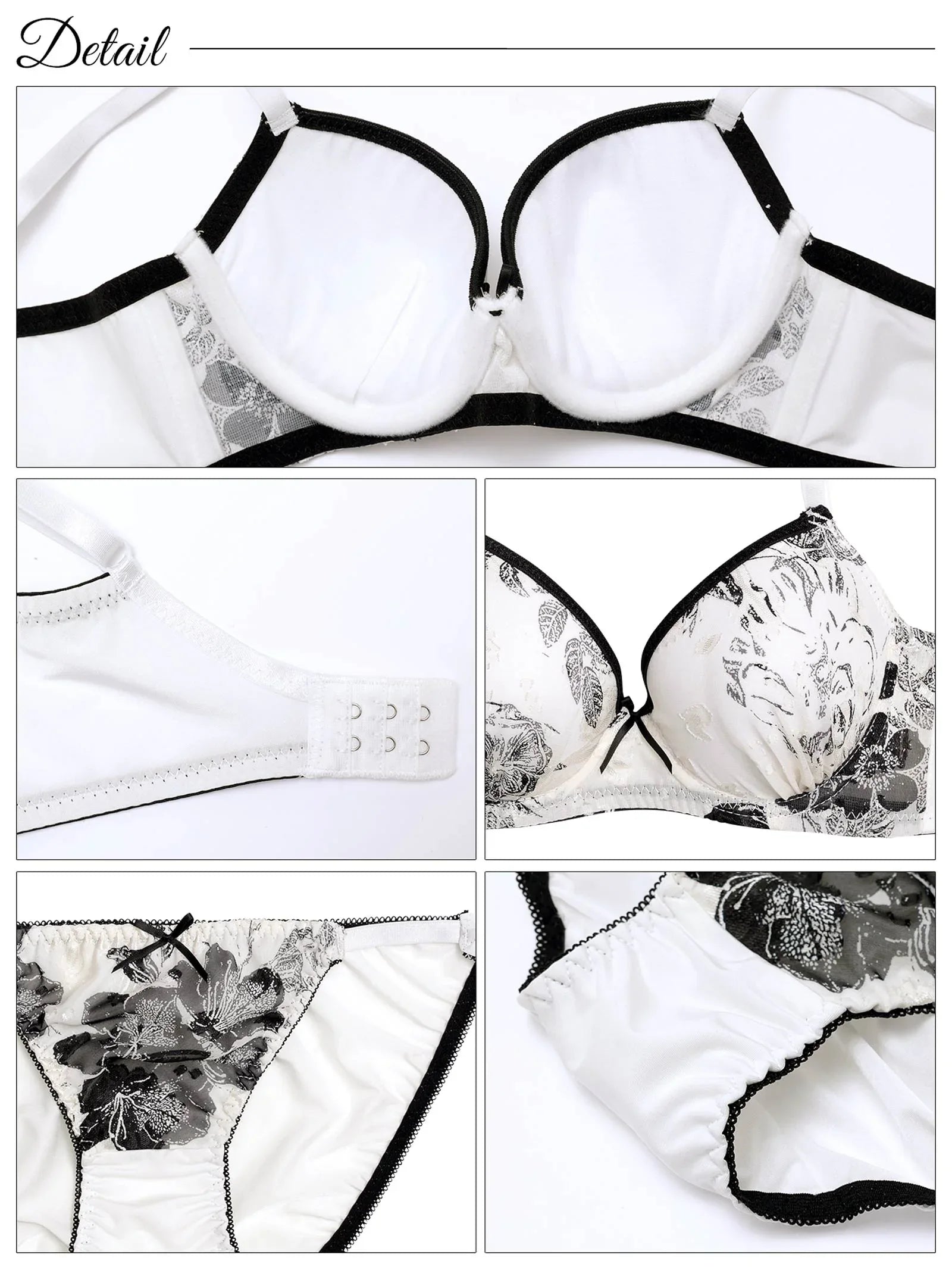 モノトーンパイピングブルーム育乳脇高ブラジャー&バック透けフルバックショーツ - 【公式】247Lingerie