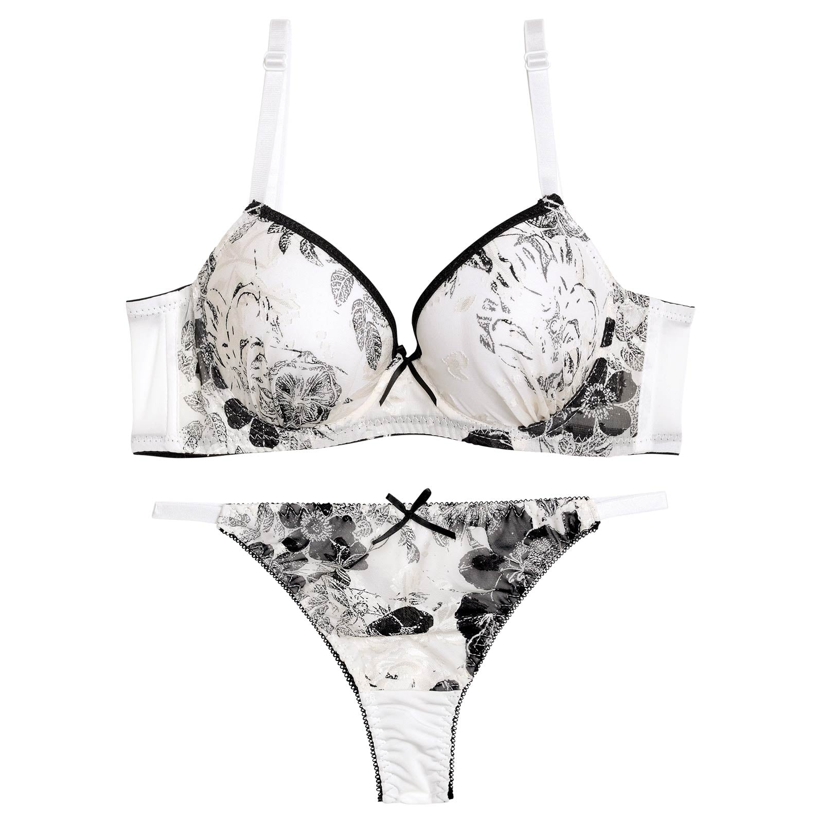 モノトーンパイピングブルーム育乳脇高ブラジャー&バック透けTバックショーツ