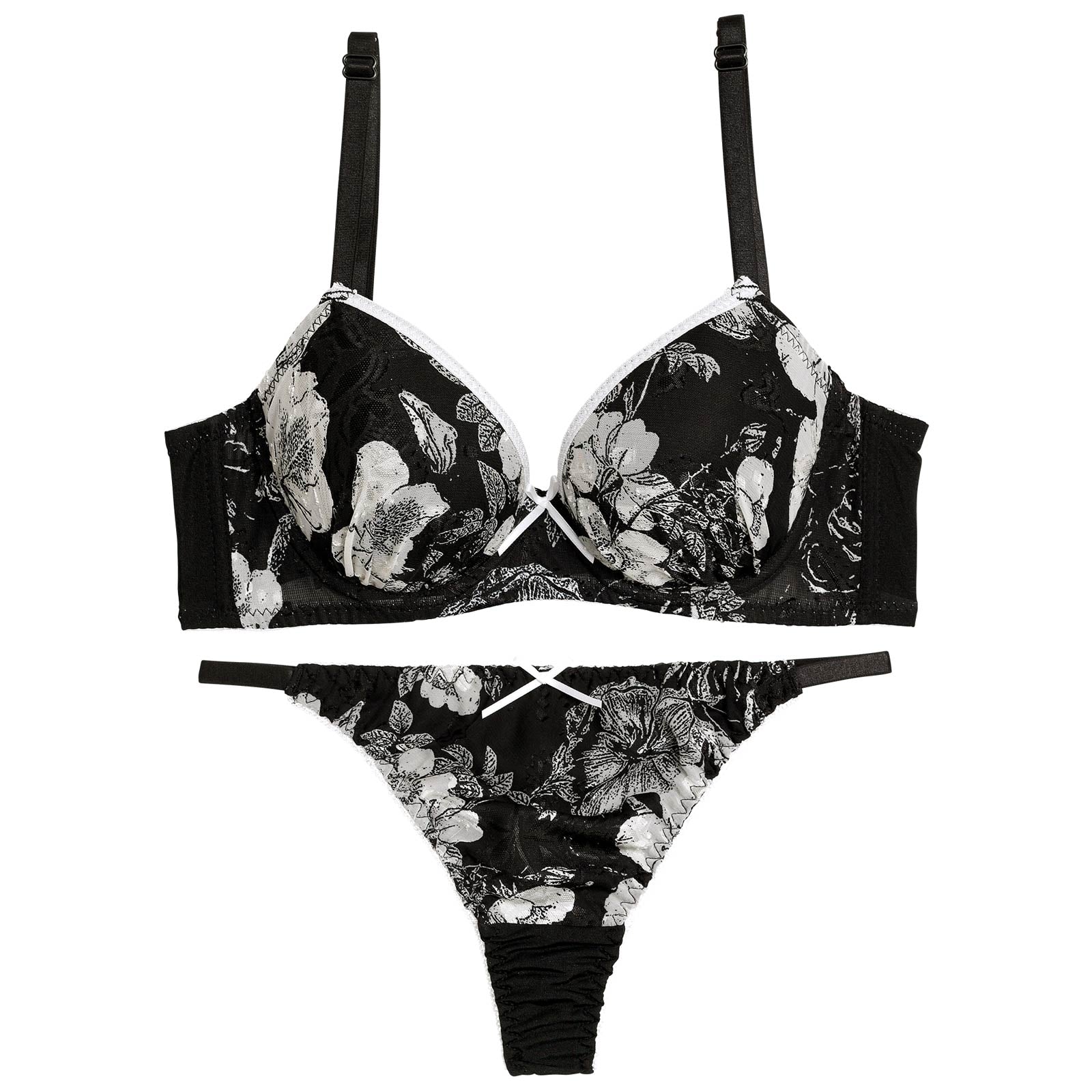 モノトーンパイピングブルーム育乳脇高ブラジャー&バック透けTバックショーツ