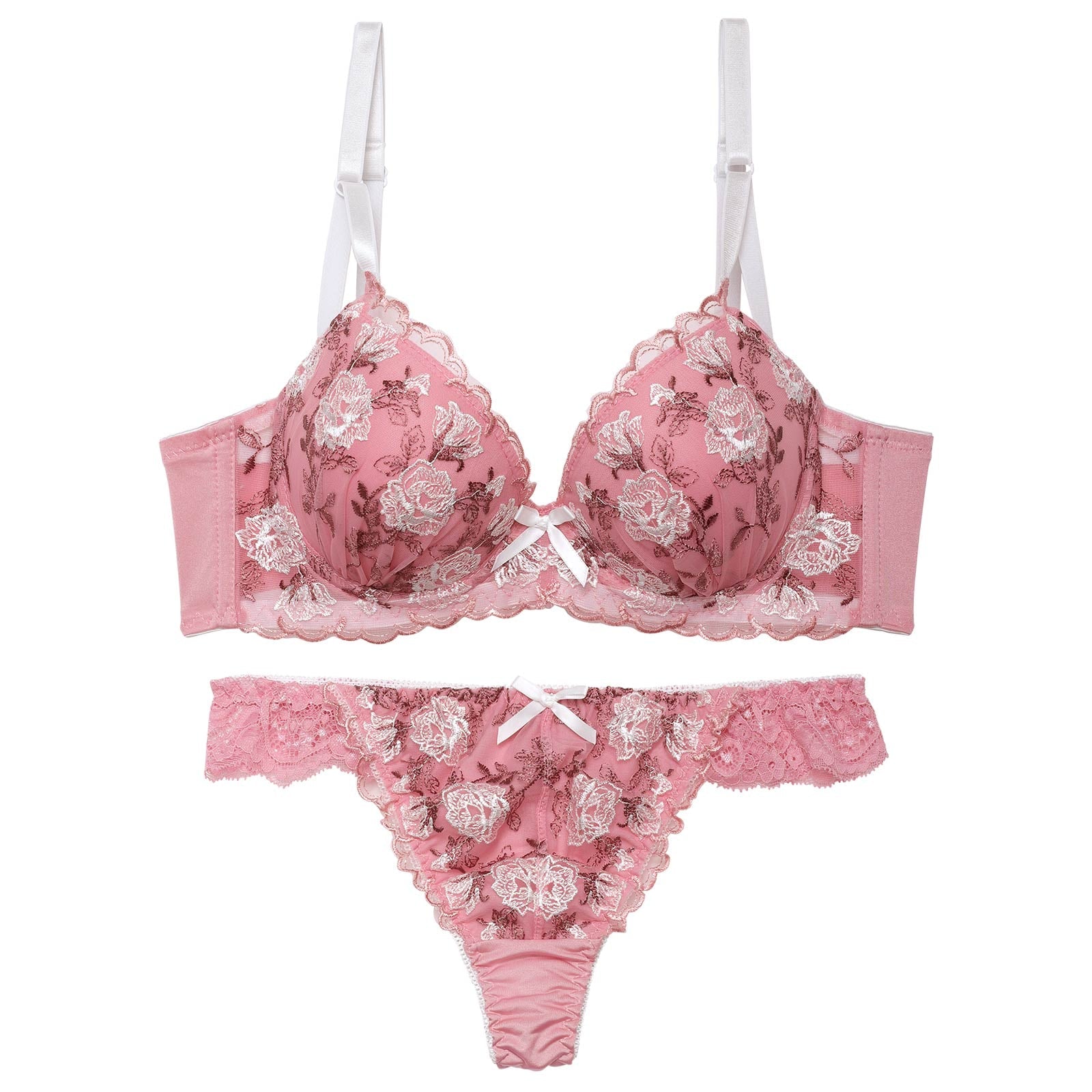 【EFサイズ】ドルチェローズエンブロイダリー育乳脇高ブラジャー&Tバックショーツ