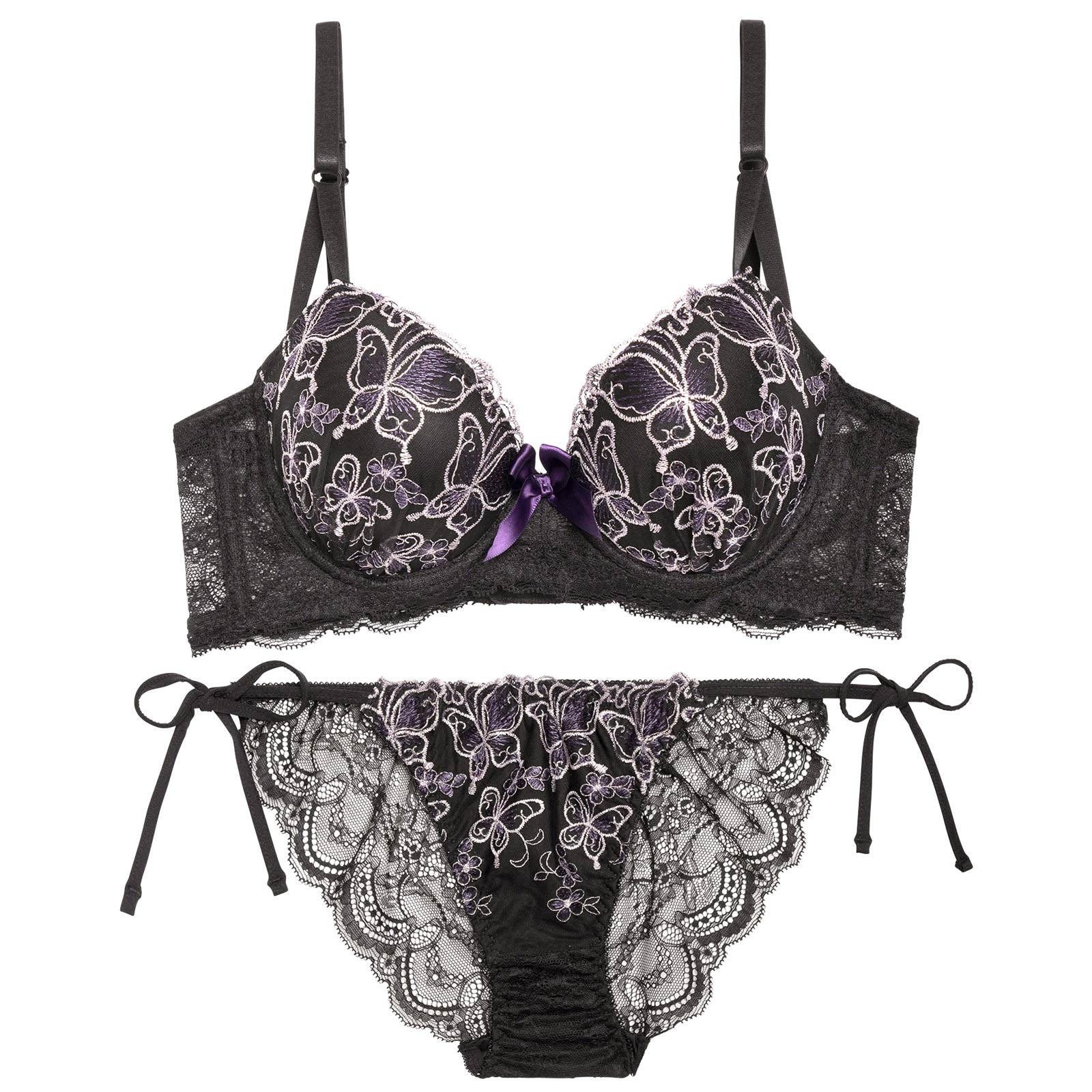 【三上悠亜着用】【EFサイズ】エレガントシャイニーバタフライ育乳脇高ブラジャー&サイド紐バック透けフルバックショーツ