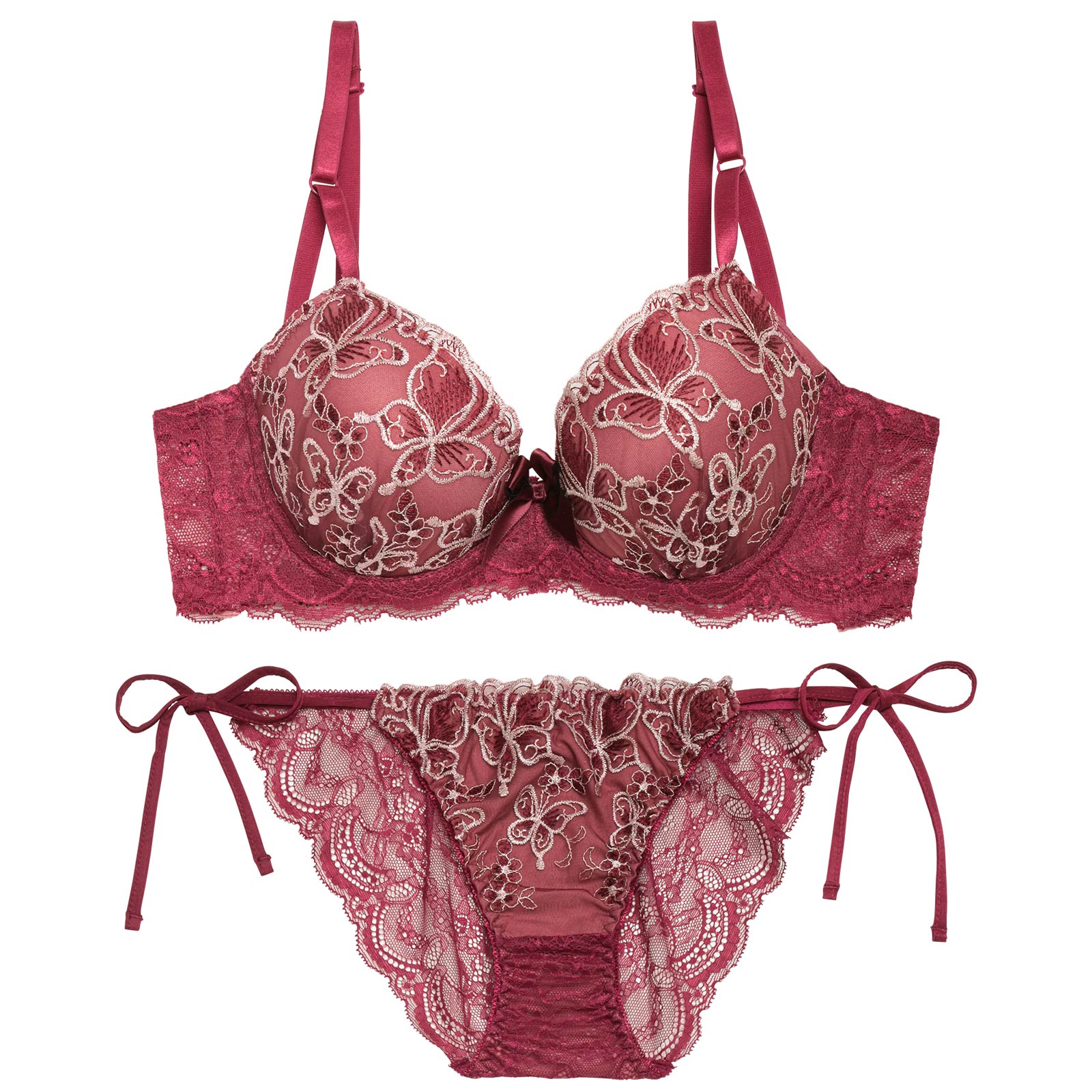 【三上悠亜着用】【EFサイズ】エレガントシャイニーバタフライ育乳脇高ブラジャー&サイド紐バック透けフルバックショーツ