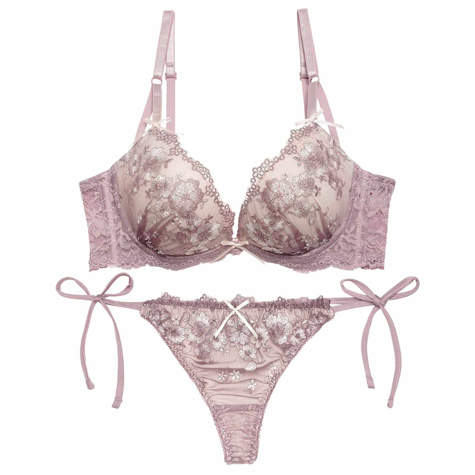 2/18再販!ダスティジュエルフラワー育乳脇高ブラジャー&サイド紐バック透けTバックショーツ - 【公式】247Lingerie