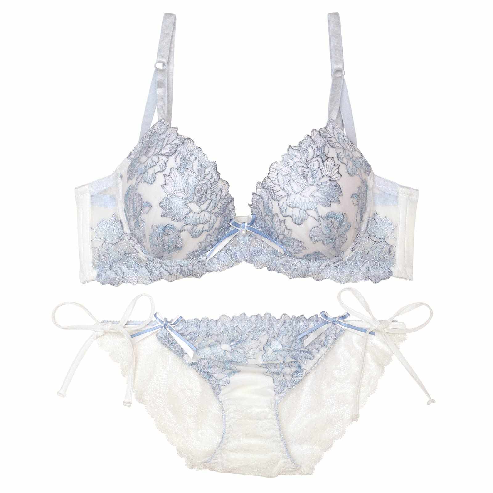 トゥインクルシアーフローラル育乳脇高ブラジャー&サイド紐バック透けフルバックショーツ