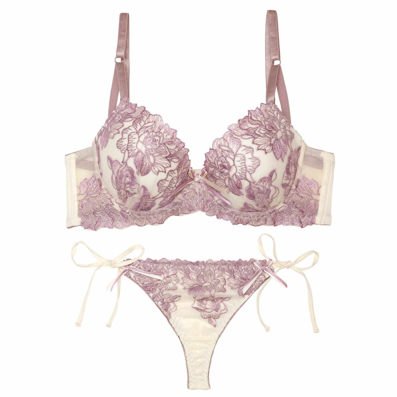 トゥインクルシアーフローラル育乳脇高ブラジャー&サイド紐バック透けTバックショーツ