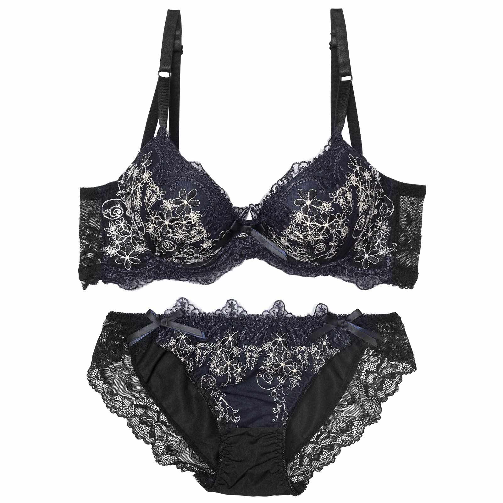 ダマスクリボンフルーレット育乳脇高ブラジャー&フルバックショーツ