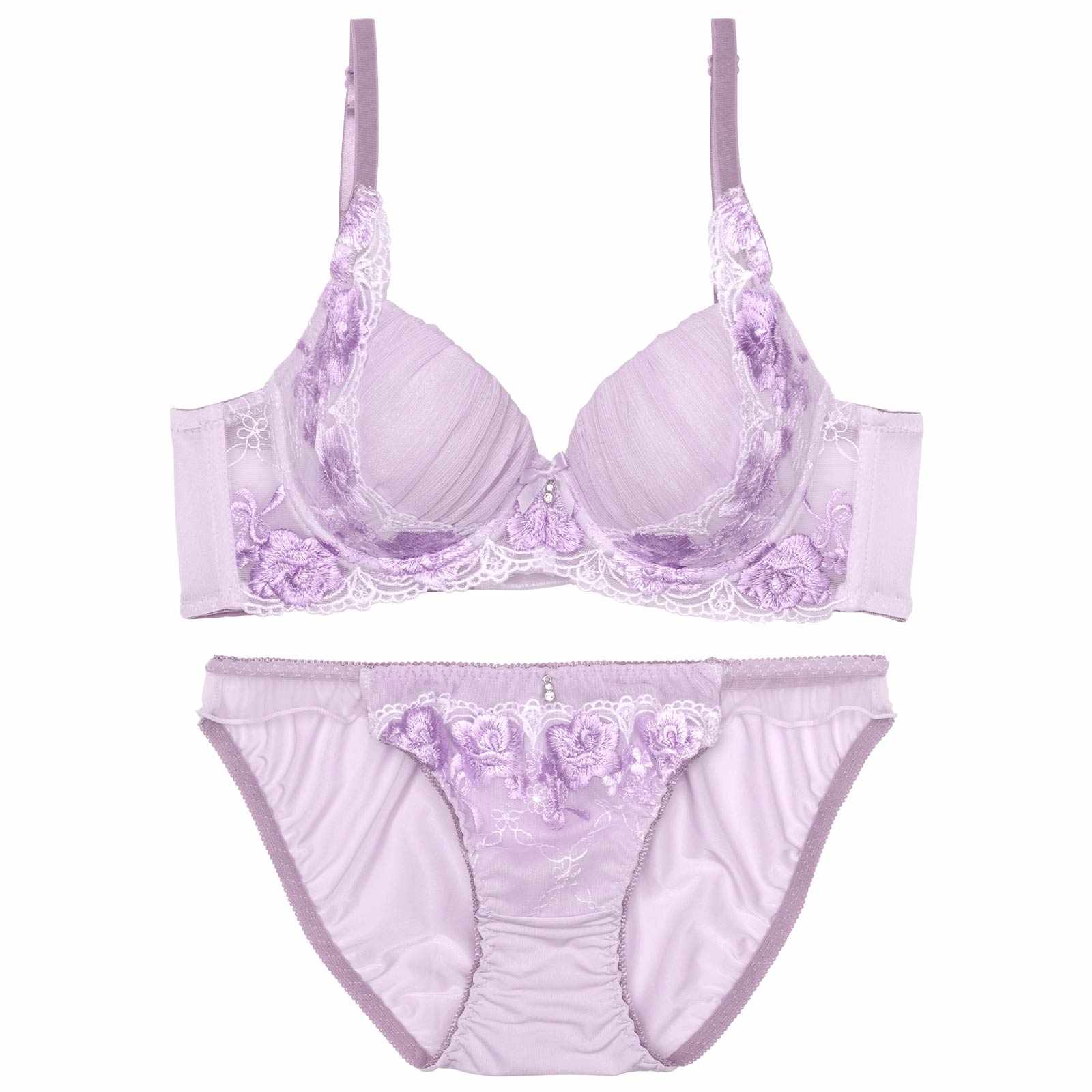 プリーツチュールエンブロイダリー育乳脇高ブラジャー&フルバックショーツ